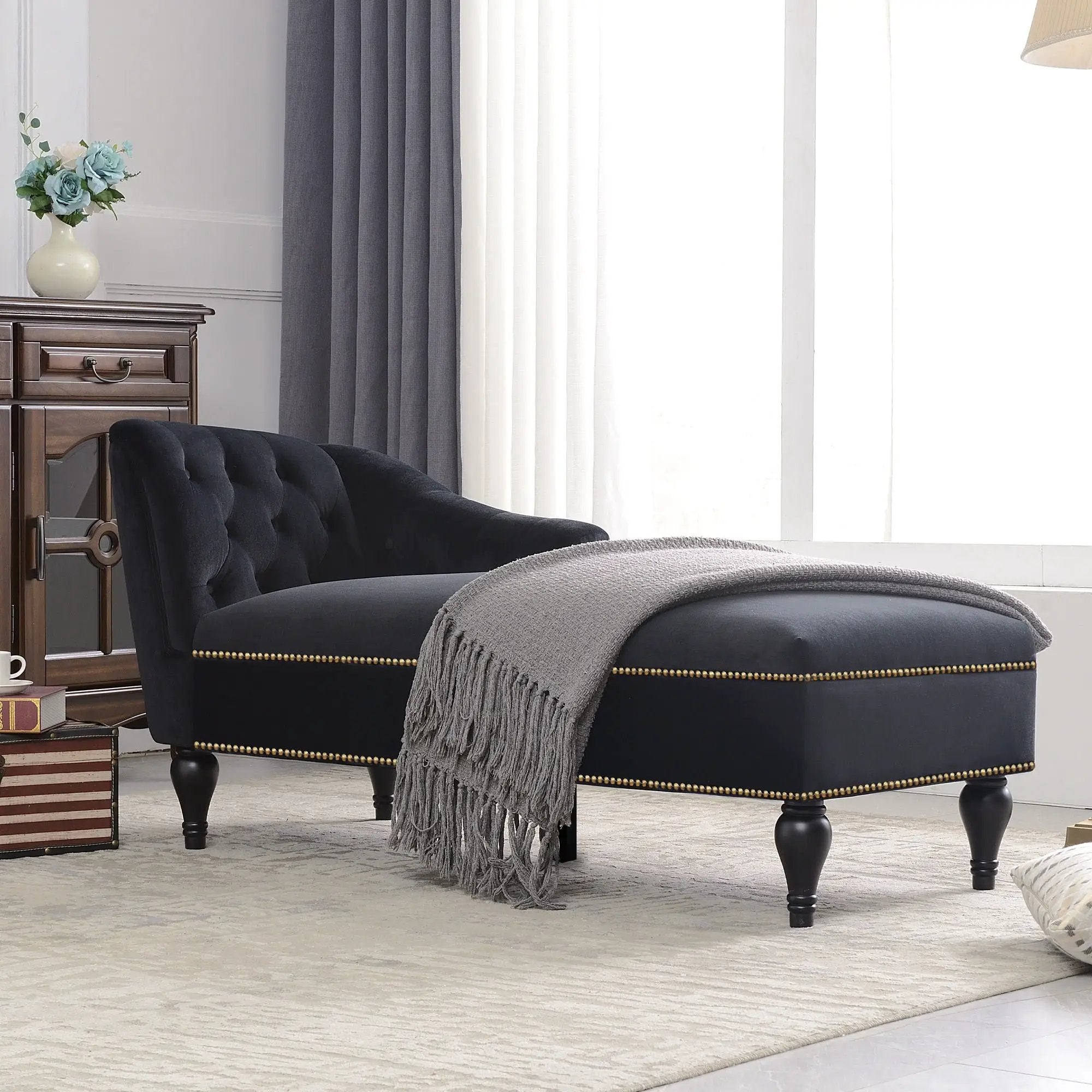 Velvet Chaise Lounge, Button Tufted Right Arm Facing Lounge Chair With Nailhead Trim For Living Room - Black by Unique Piece Furniture