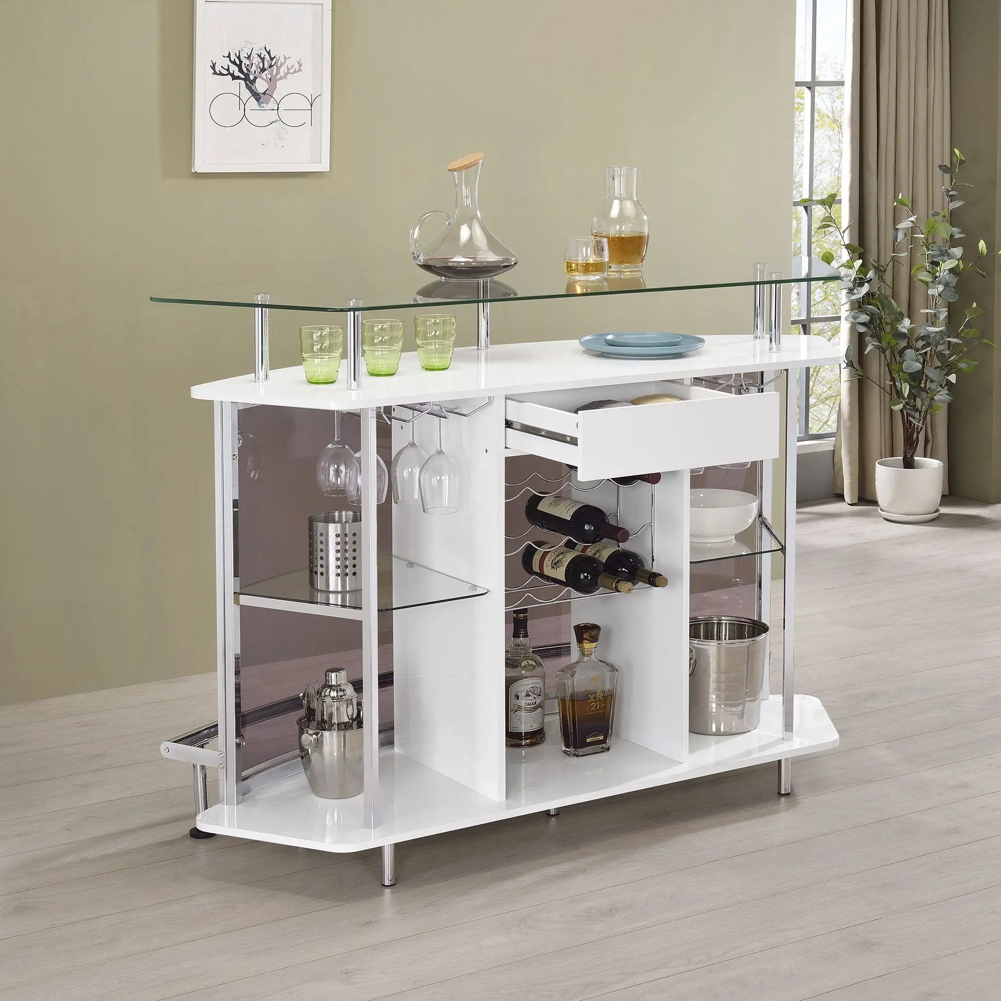 Gideon Curved Glass Top Home Bar Cabinet White High Gloss by Unique Piece Furniture