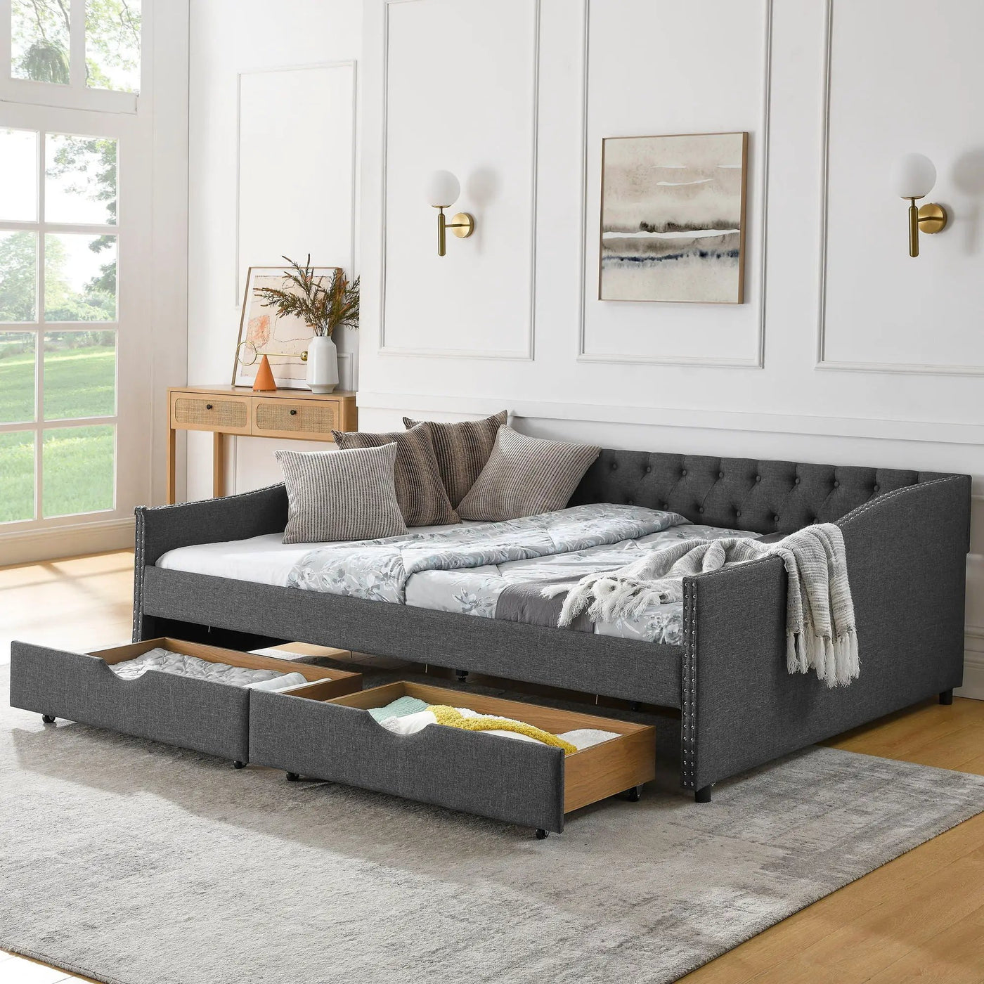 Upholstered Tufted Daybed With 2 Drawers, Waved Arms by HouseOfZazla