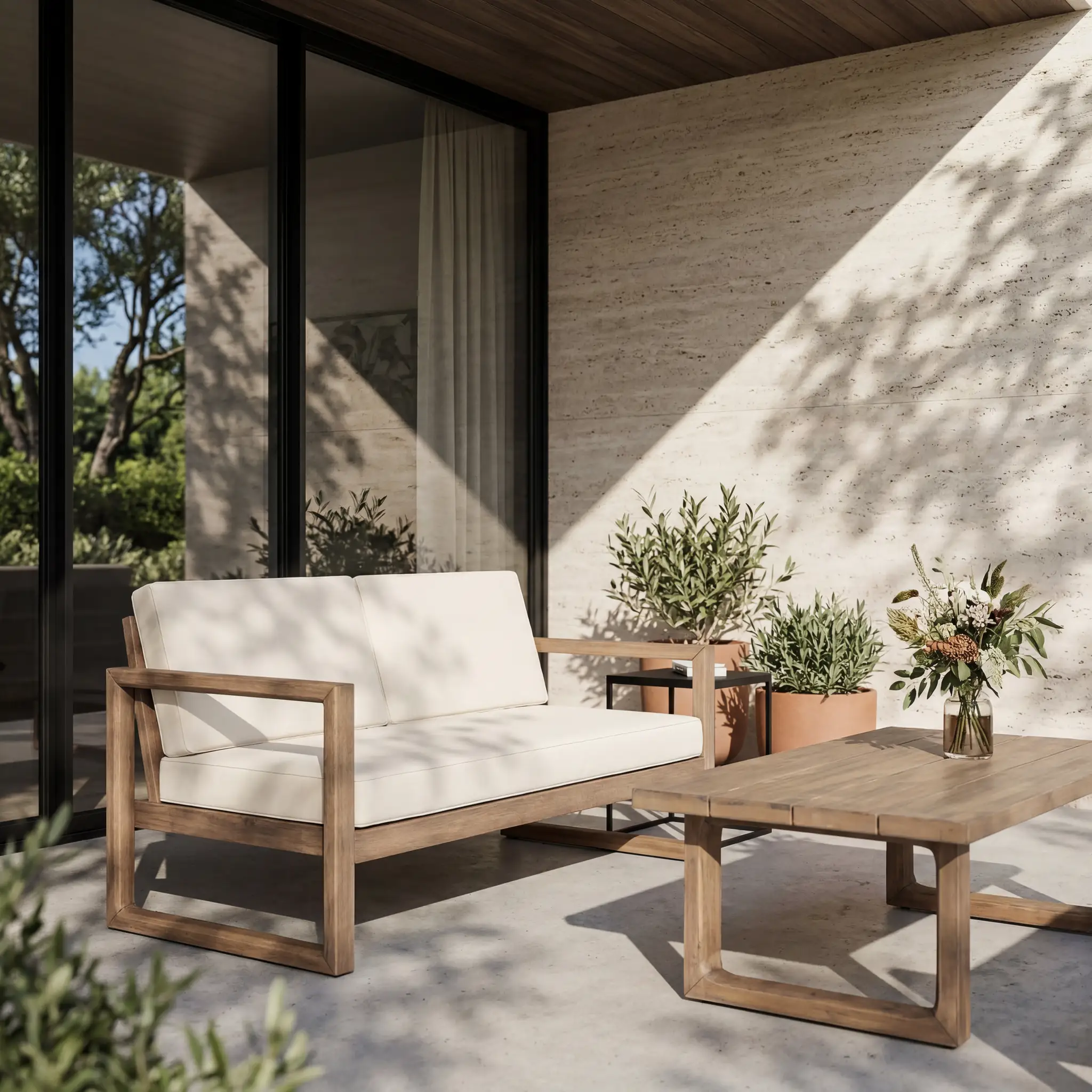 Outdoor Acacia Wood Loveseat and Coffee Table Set with Cushions by HouseOfZazla