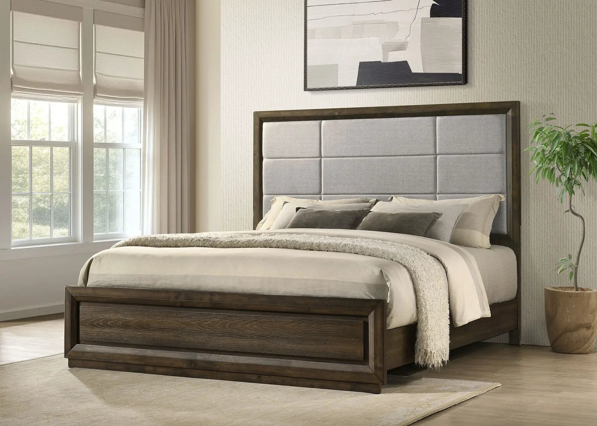 Atlas 63-inch Eastern King Upholstered Panel Bed Grey and Dark Oak by Unique Piece Furniture