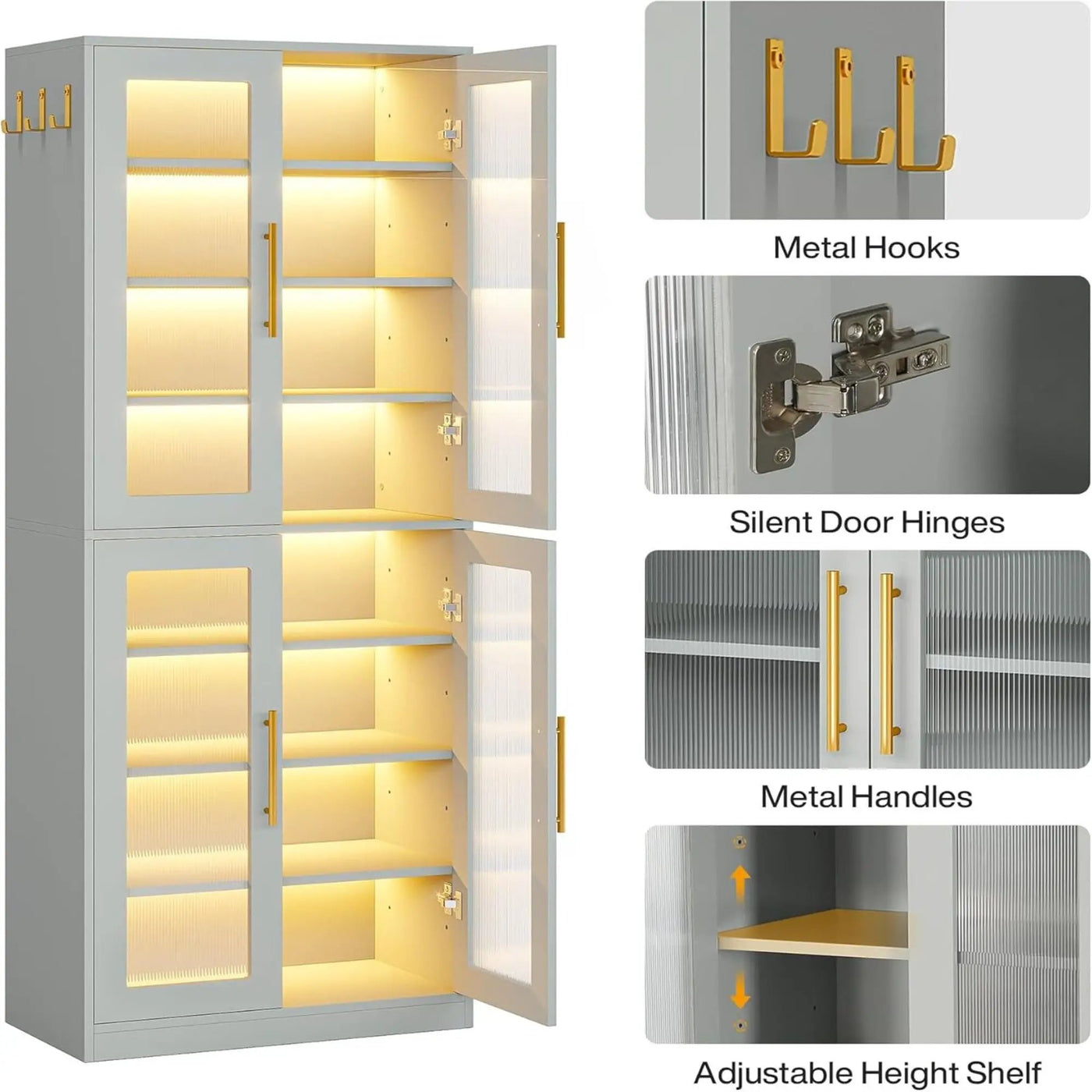 Bookcase With Doors And LED Lighting, 8 Adjustable Shelves Storage Cabinet by HouseOfZazla