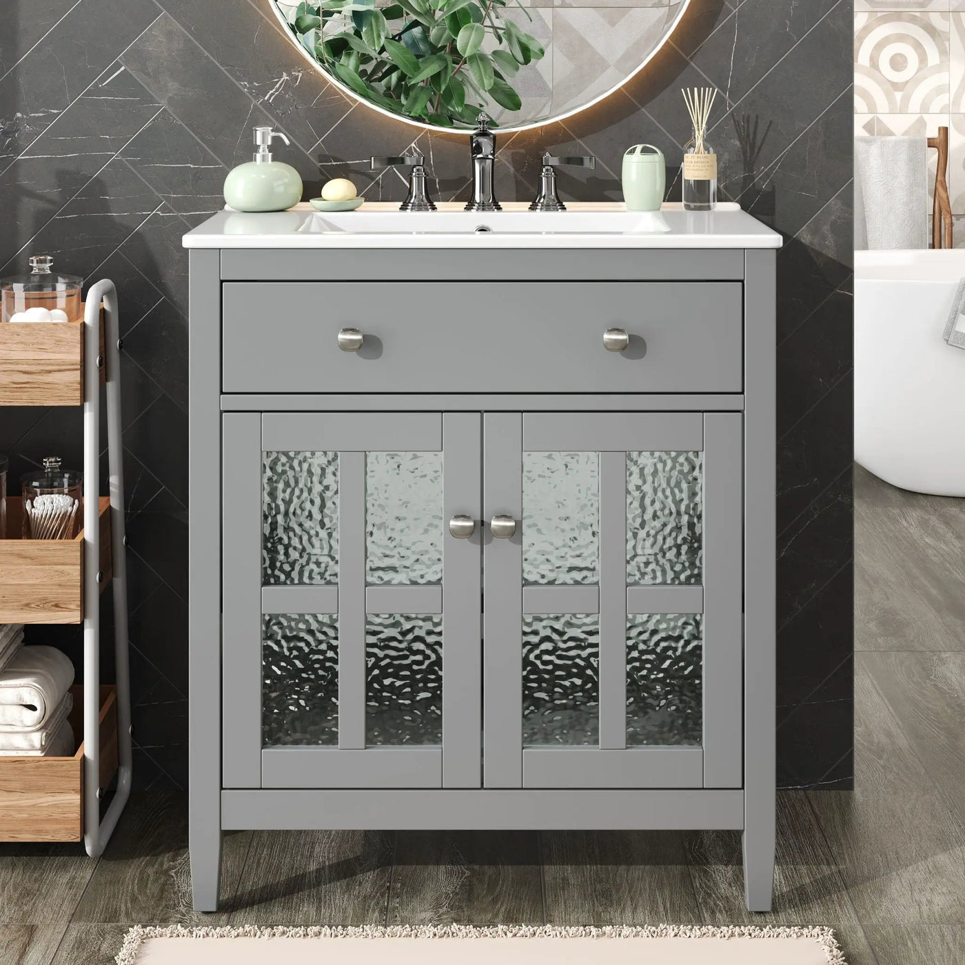 Bathroom Vanity With Ceramic Sink, Adjustable Shelf & Tip Out Tray by HouseOfZazla