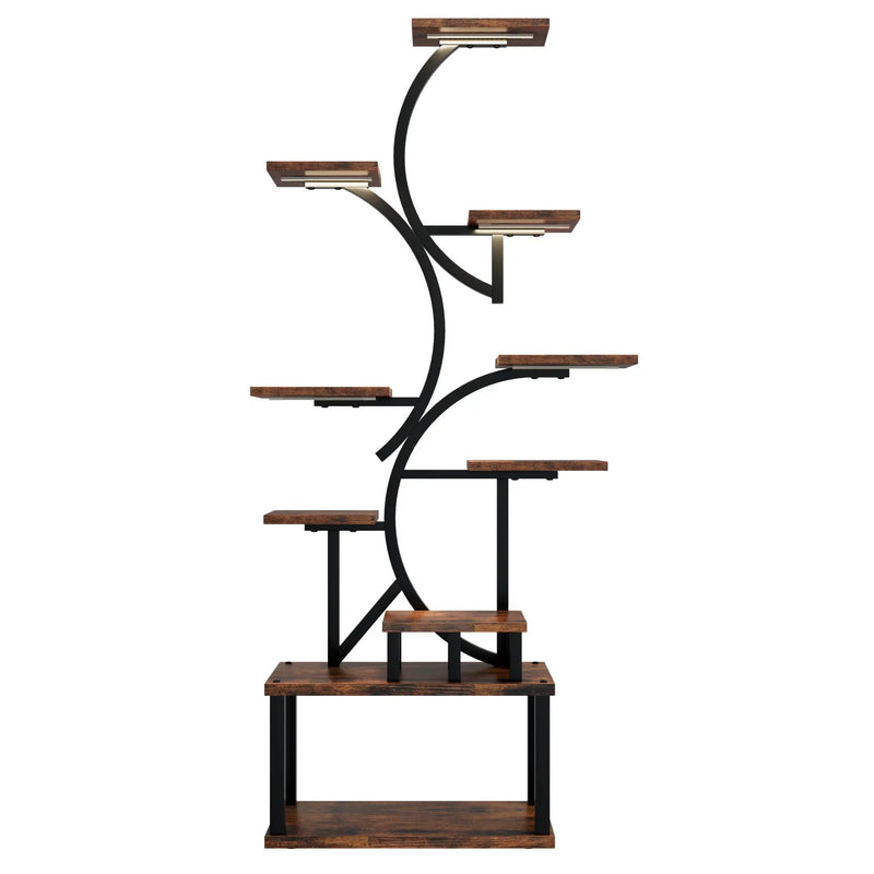 S - Shaped, 10 Tier Plant Stand With 5 Grow Lights - Deep Rustic Brown by HouseOfZazla