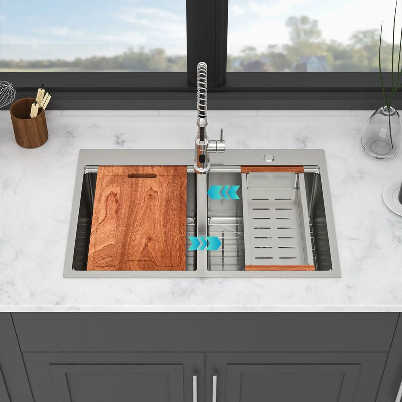 Topmount Drop In Kitchen Sink, Double Bowl 50 / 50 - Brushed Nickel by HouseOfZazla
