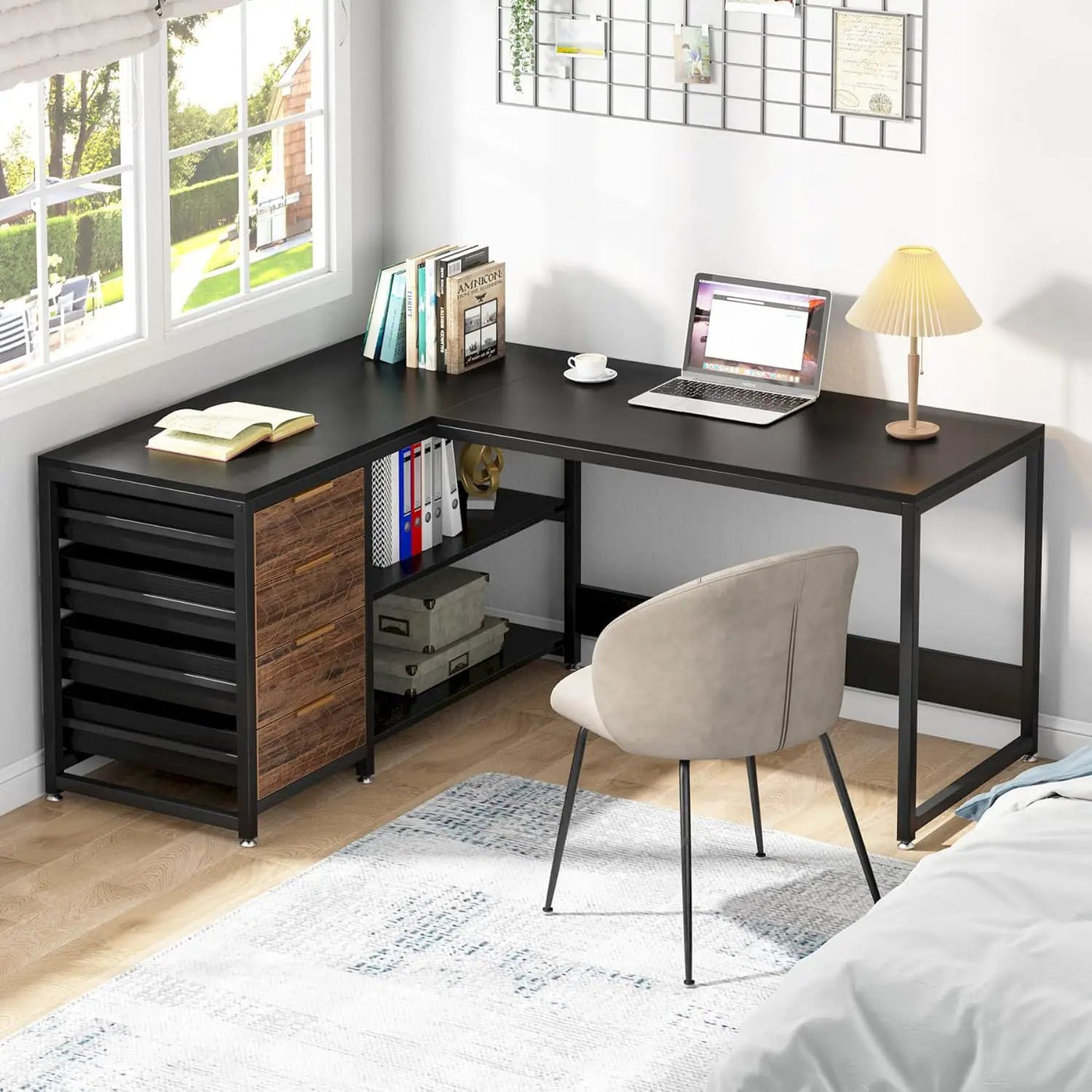 L-Shaped Computer Desk With Drawers And Shelves, Workstation For Home Office by HouseOfZazla