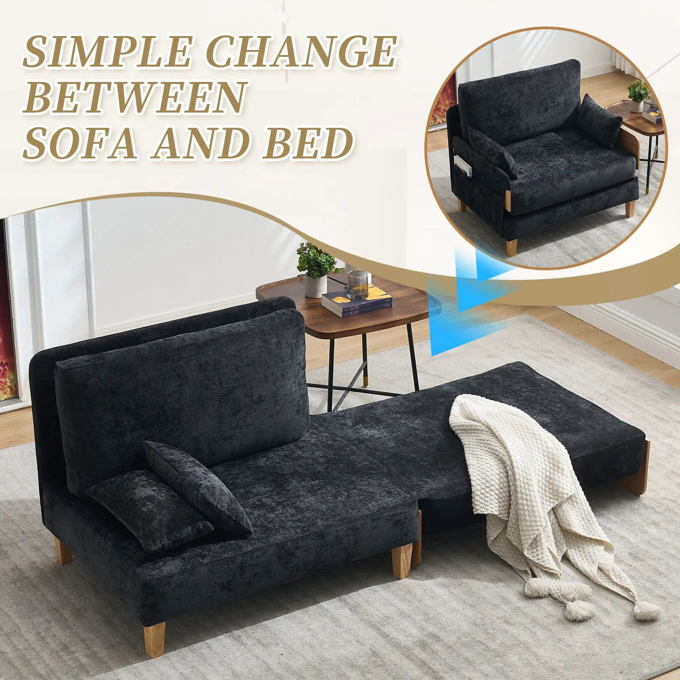 Mid Century Modern Foldable Sofa Bed, 3 In 1 Convertible Sleeper With 3 Pillows by HouseOfZazla