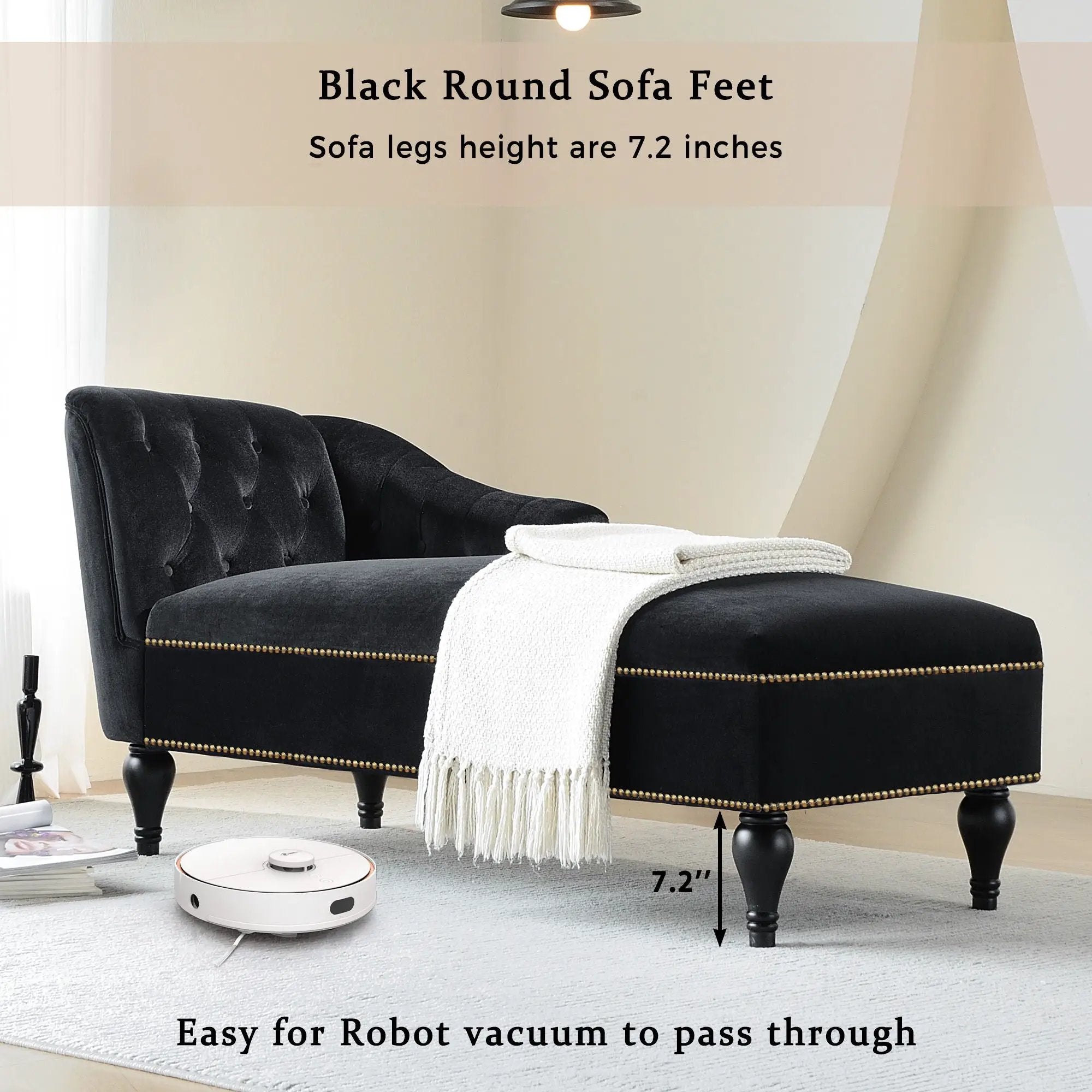 Velvet Chaise Lounge, Button Tufted Right Arm Facing Lounge Chair With Nailhead Trim For Living Room - Black by Unique Piece Furniture