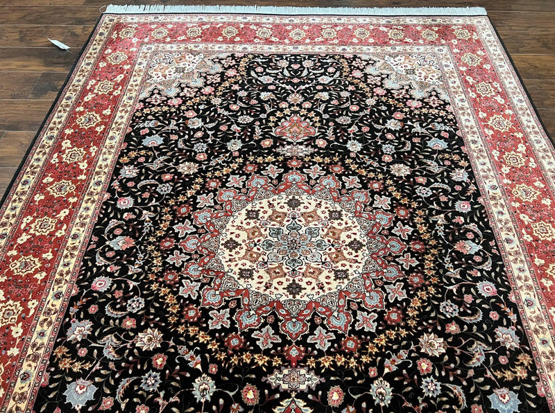 Marvelous Persian Tabriz Rug 7x10 ft, Super Fine 50 Raj, 300+ KPSI, Black and Rust Red, Floral Medallion Handmade Wool Oriental Carpet, Top Quality by Jewel Rugs