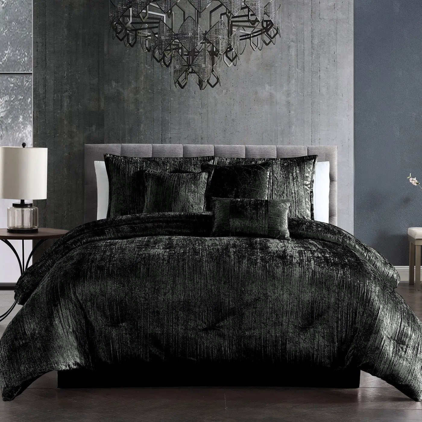 Turin 7 Piece Black Crinkle Velvet Comforter Set by HouseOfZazla
