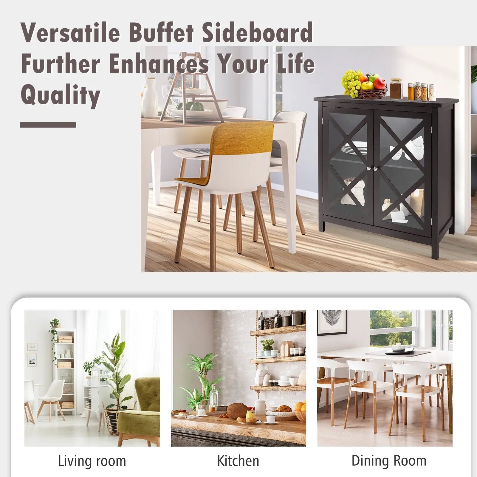 Freestanding Kitchen Buffet Cabinet with Glass Doors and Adjustable Shelf by DirectDeals