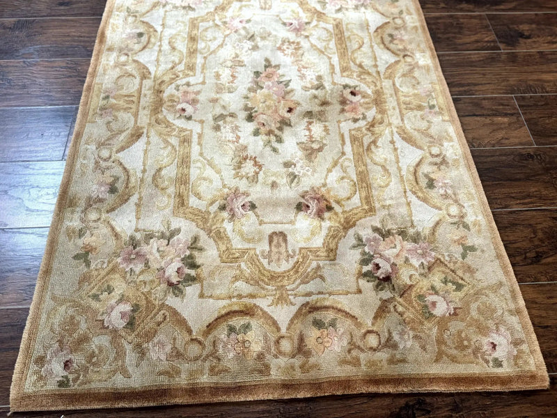 Chinese Aubusson Rug 3.6 x 5, Beige and Gold, Handmade Vintage Elegant European Design Carpet, Plush Wool, Handmade by Jewel Rugs