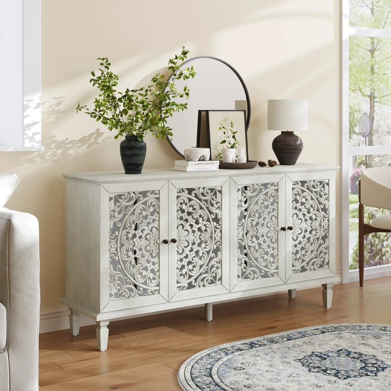 60" Antique Buffet Cabinet with Floral Carvings and Solid Wood Legs by HouseOfZazla