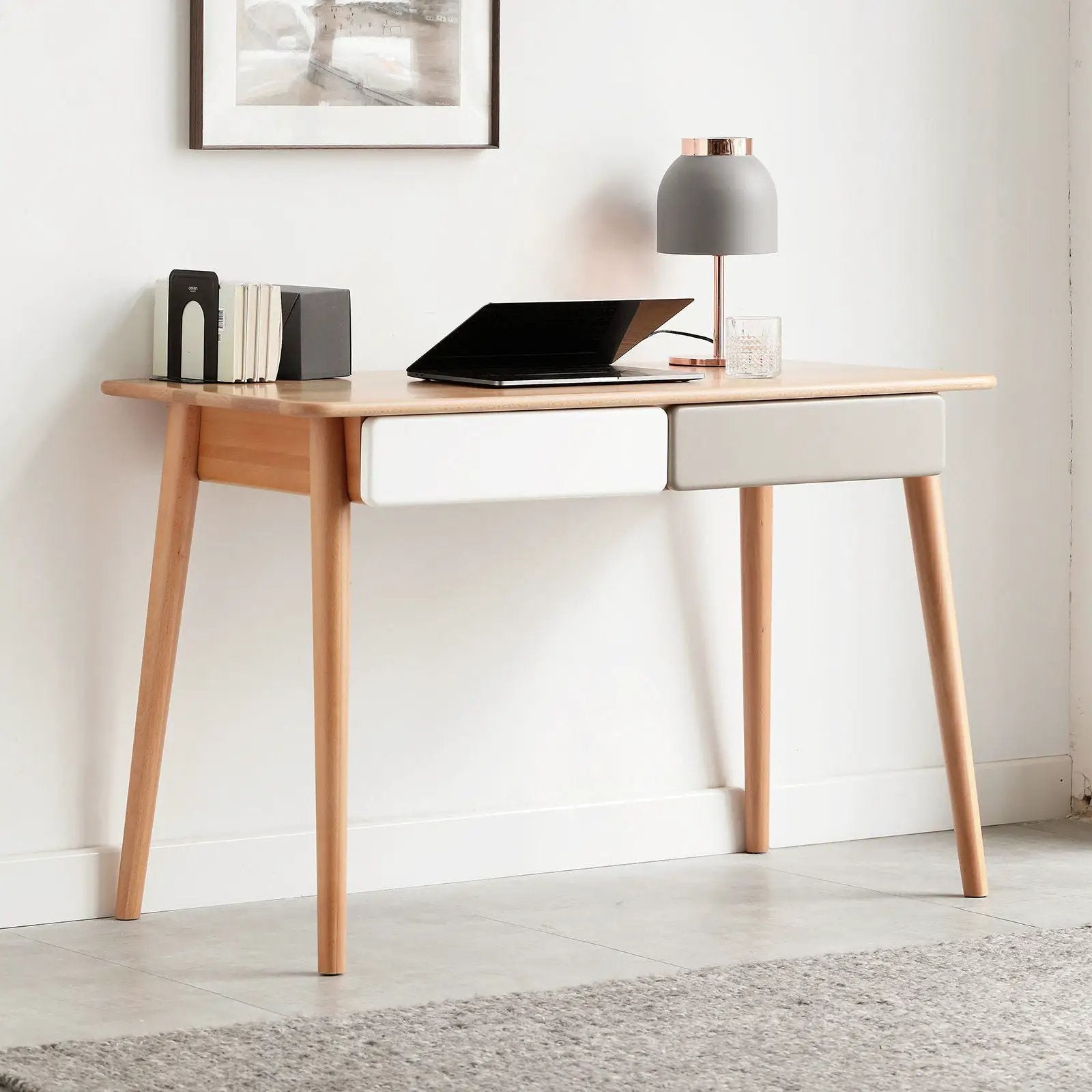 Computer Desk Large Size Office Desk With 2 Drawers, Modern Simple Style PC Table With Gap Design For Home Office - White / Gray by HouseOfZazla