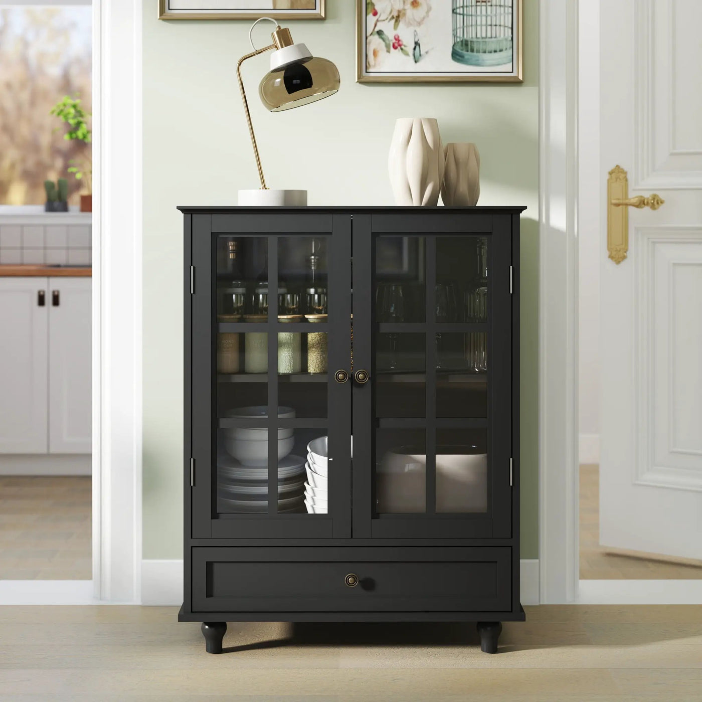 Minimalist Buffet Cabinet With Double Glass Doors And Drawer by HouseOfZazla