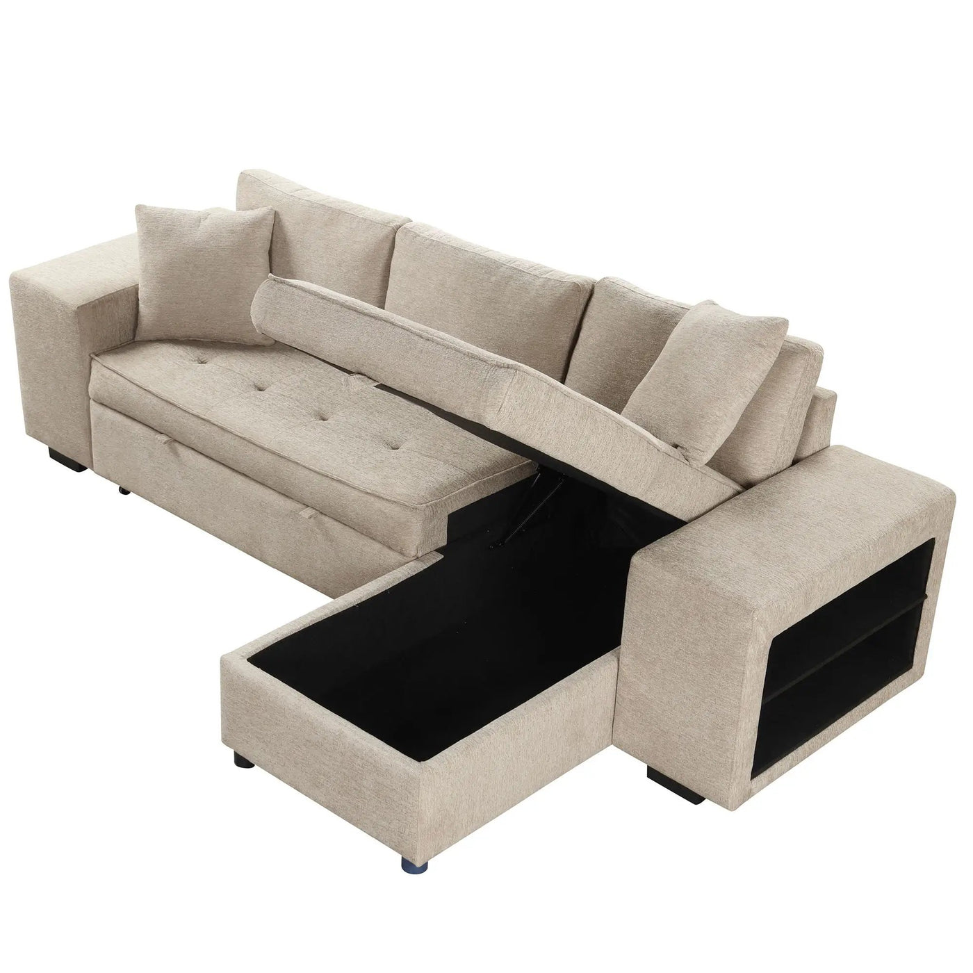 Modern L-Shape 3 Seat Reversible Sectional Couch, Pull Out Sleeper Sofa With Storage Chaise And 2 Stools For Living Room Furniture Set by HouseOfZazla