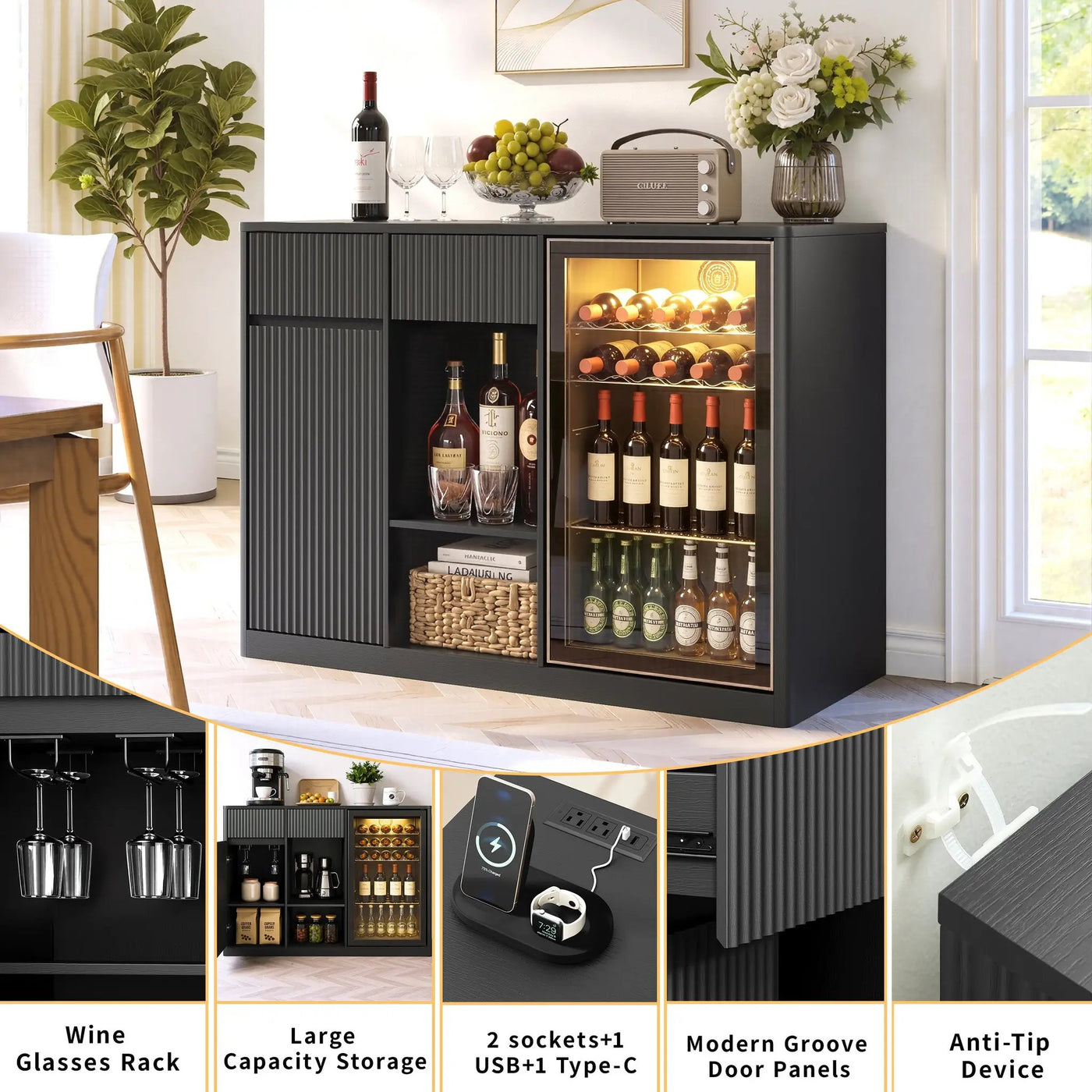 51.2" Modern Fluted Bar Cabinet with Fridge Compartment by HouseOfZazla