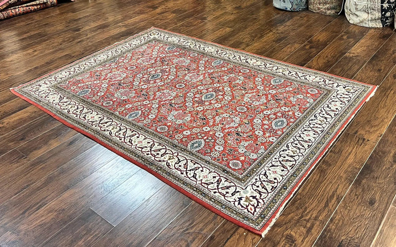 Red Persian Qum Rug 5 x 7.6, Hand Knotted Vintage Wool Fine Carpet 270 KPSI, Floral Allover by Jewel Rugs