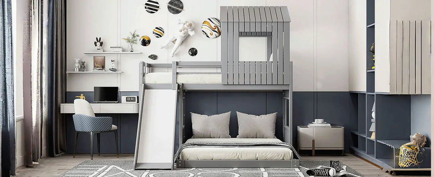 Loft Bunk Bed With Playhouse, Farmhouse, Ladder, Slide And Guardrails by HouseOfZazla