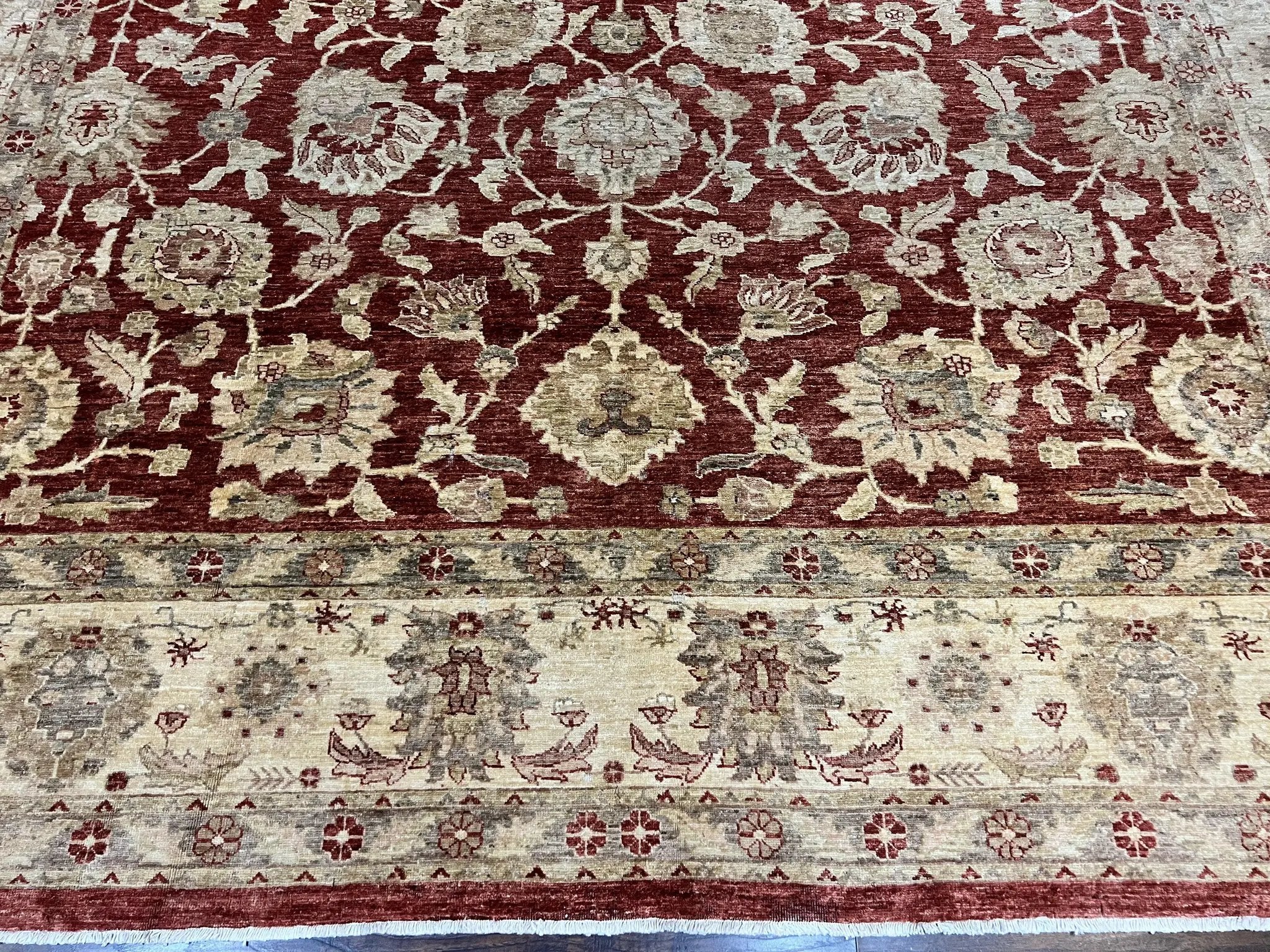 Pak Persian Rug 10x14, Sultanabad Mahal Peshawar Chobi Carpet, Large Vintage Wool Oriental Rug, Maroon & Beige, Floral Allover, Handmade by Jewel Rugs