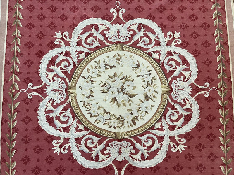 Aubusson Rug 9x12 ft, Red and Ivory Elegant Aubusson Carpet, Flatweave, Vintage Wool Handmade Area Rug 9 x 12, French European Design by Jewel Rugs