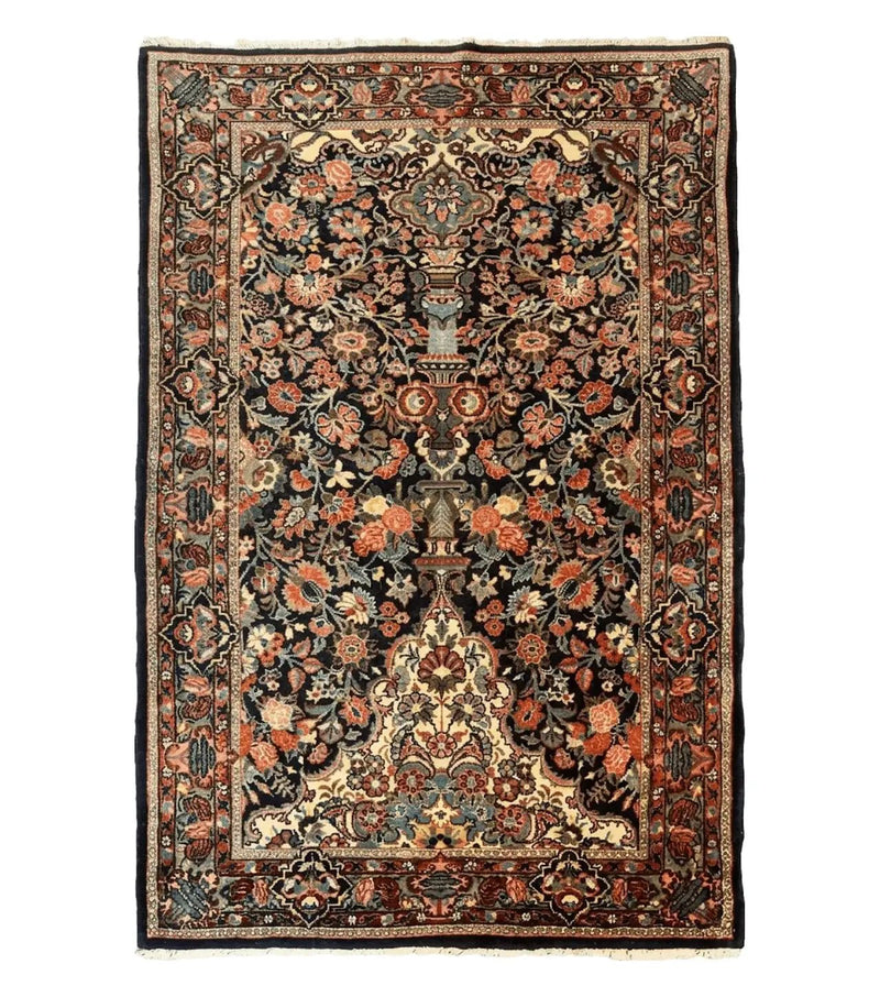 Persian Saoruk Rug 4x5, Navy Blue and Red, Floral, Antique Persian Wool Carpet, Handmade by Jewel Rugs