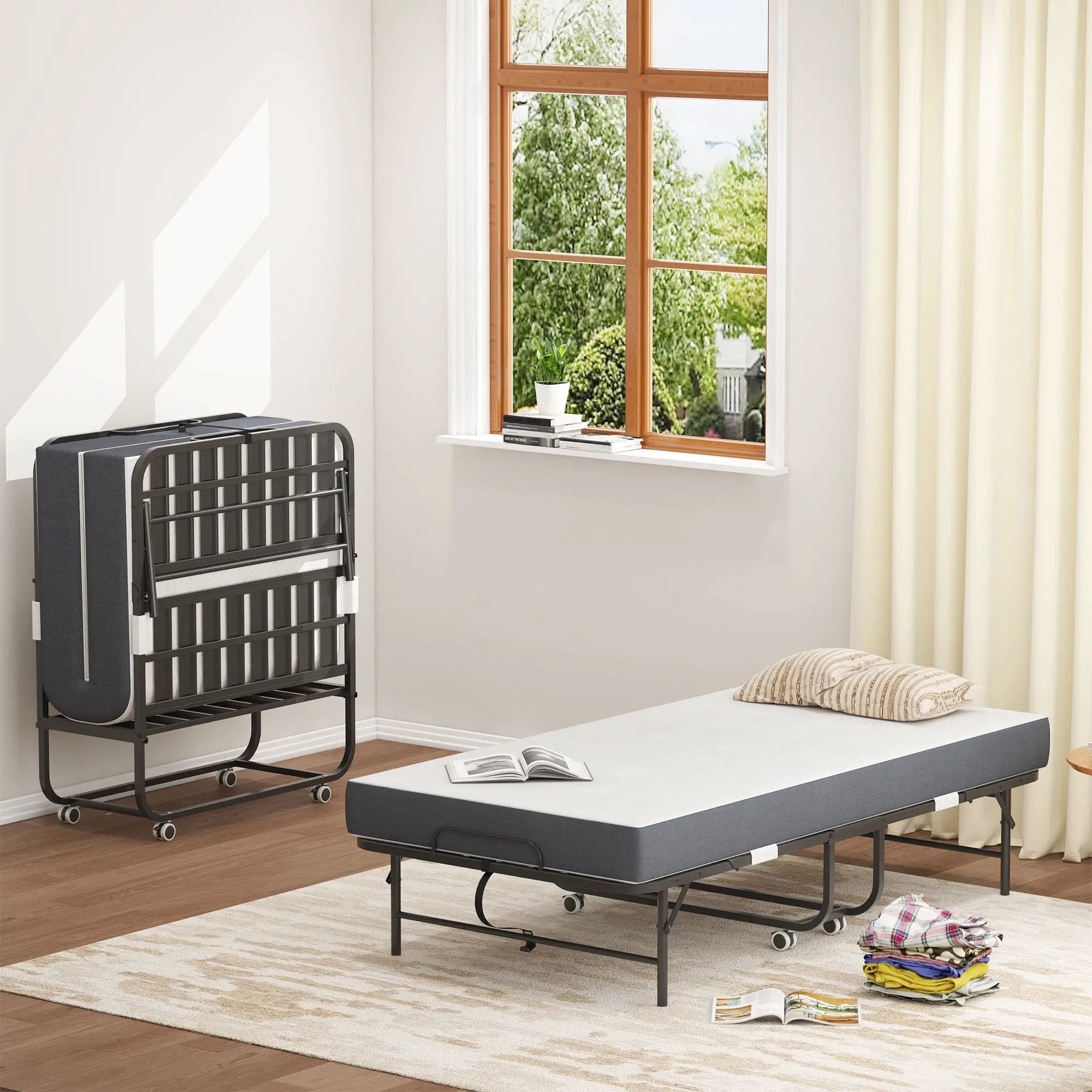 Twin Extra Long Folding Bed For Tall People, Heavy-Duty Rollaway Guest With Memory Foam Mattress - Black by HouseOfZazla