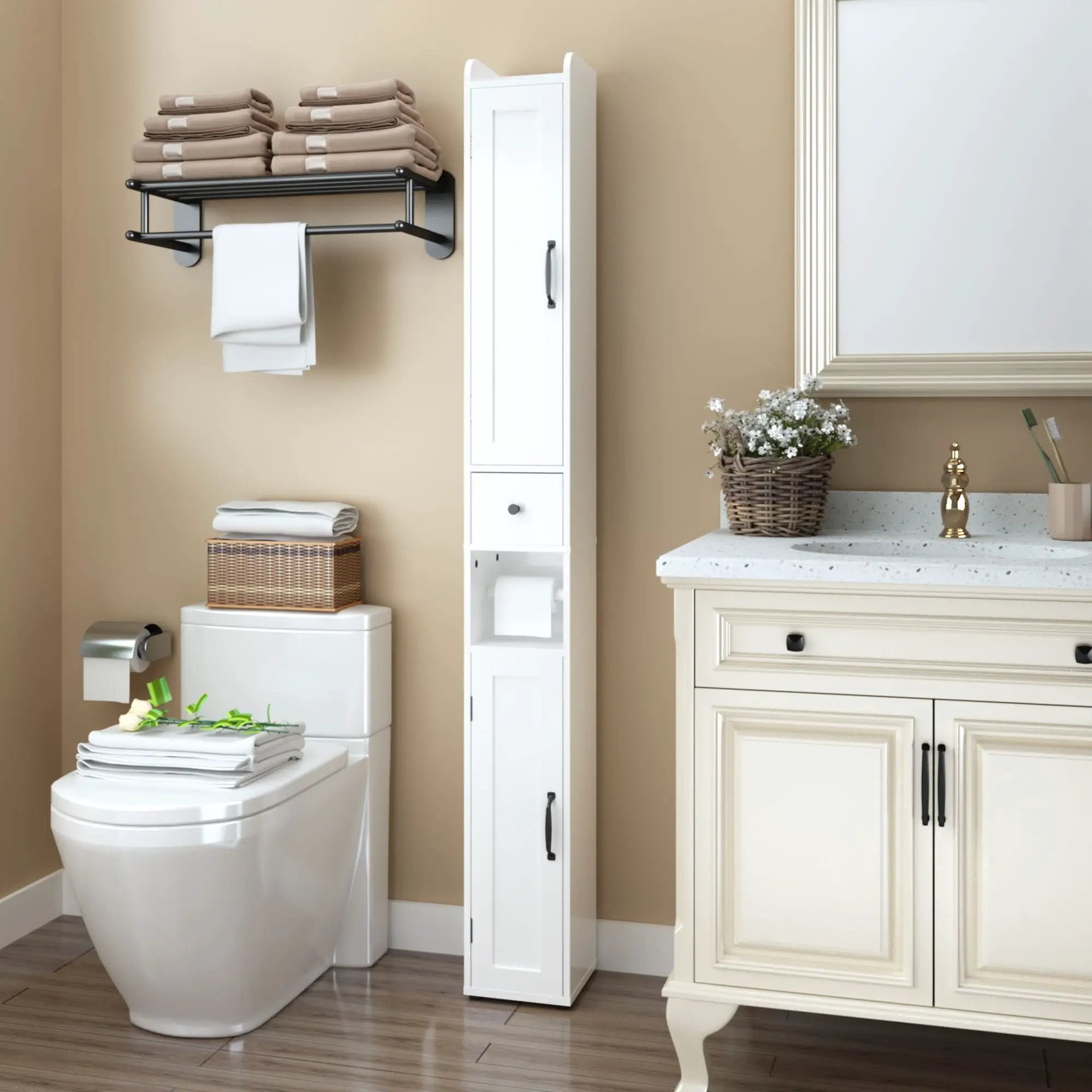 Slim Tall Bathroom Storage Cabinet With Adjustable Shelves, 2 Doors Freestanding Cabinet - White by HouseOfZazla