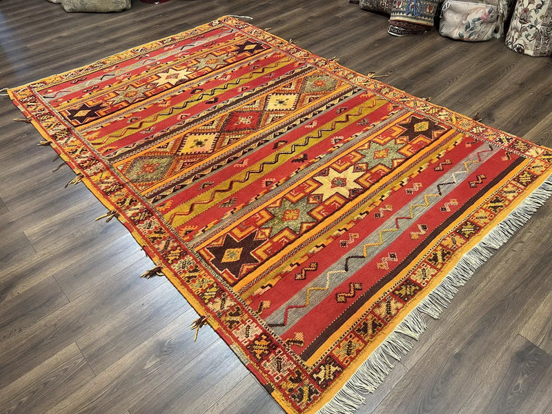 Unique Moroccan Rug 7x10, Room Sized Carpet, Red Orange Gray, Wool Oriental Striped Geometric Tribal Boho Rug, Flatweave with Raised Pile by Jewel Rugs