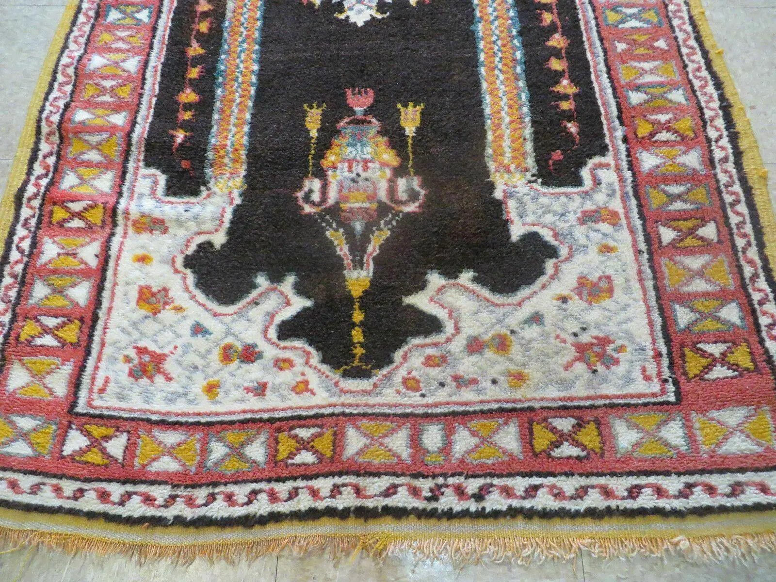 Antique Moroccan Runner Rug 3x7, Moroccan Prayer Rug, Double Mehrab Prayer Arches, Black and Red, Hand-Knotted Wool Carpet, Hallway Rug Nice by Jewel Rugs