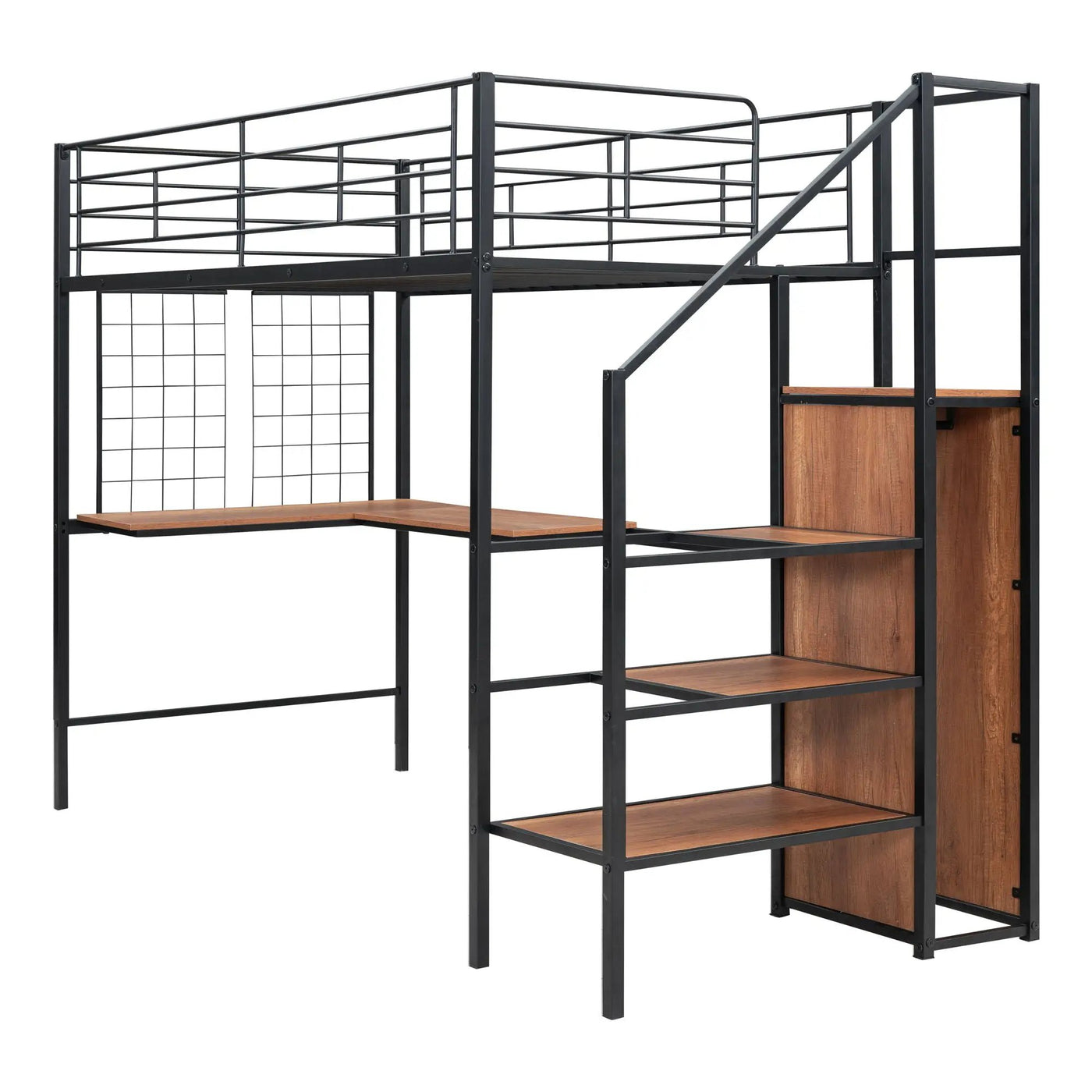Loft Bed With Desk And Grid, Stylish Frame With Lateral Storage Ladder And Wardrobe by HouseOfZazla