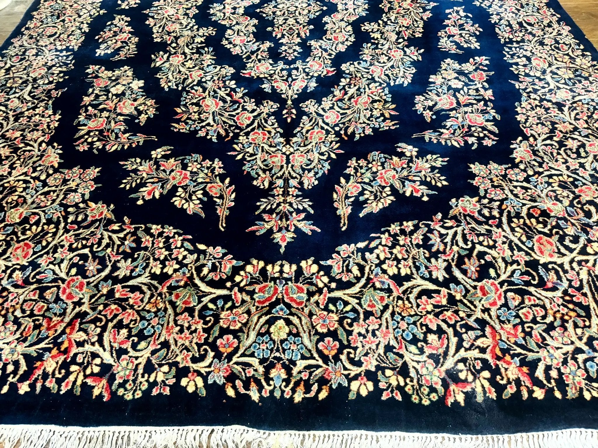Antique Persian Kerman Rug 10x13, Navy Blue Floral Carpet, Fine 270 KPSI by Jewel Rugs
