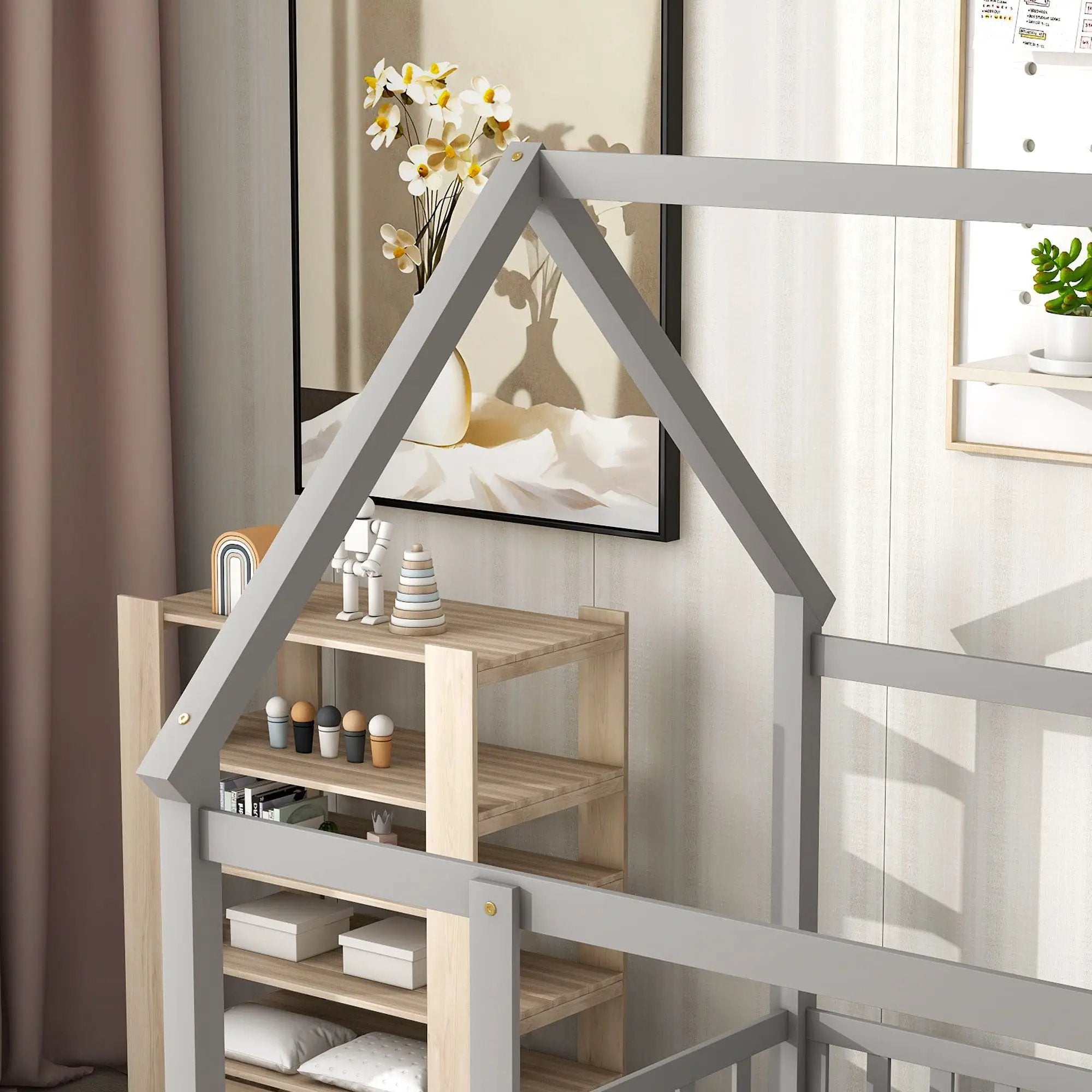 Floor Wooden Bed With House Roof Frame, Fence Guardrails by Unique Piece Furniture
