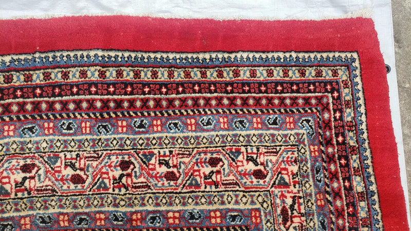 Persian Sarouk Mir Pattern, Red and Beige, Hand-Knotted, Wool, Paisley Boteh Design, 9'9" x 13', Semi Antique by Jewel Rugs