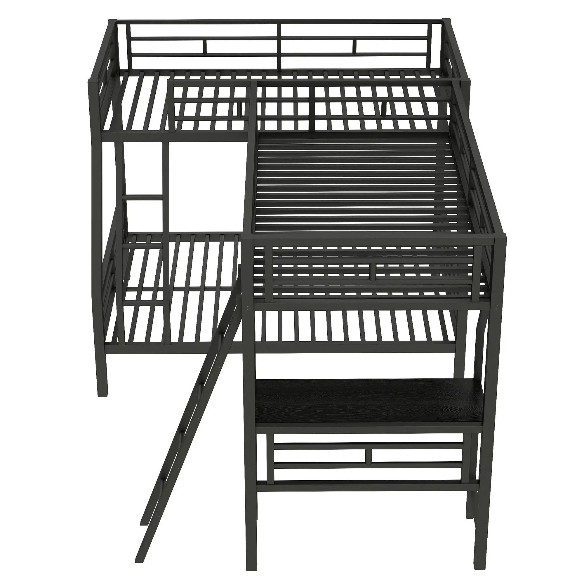 Twin Over Full Bunk Bed With Loft And Desk, L-Shaped Design For 3 Sleepers - Black by HouseOfZazla