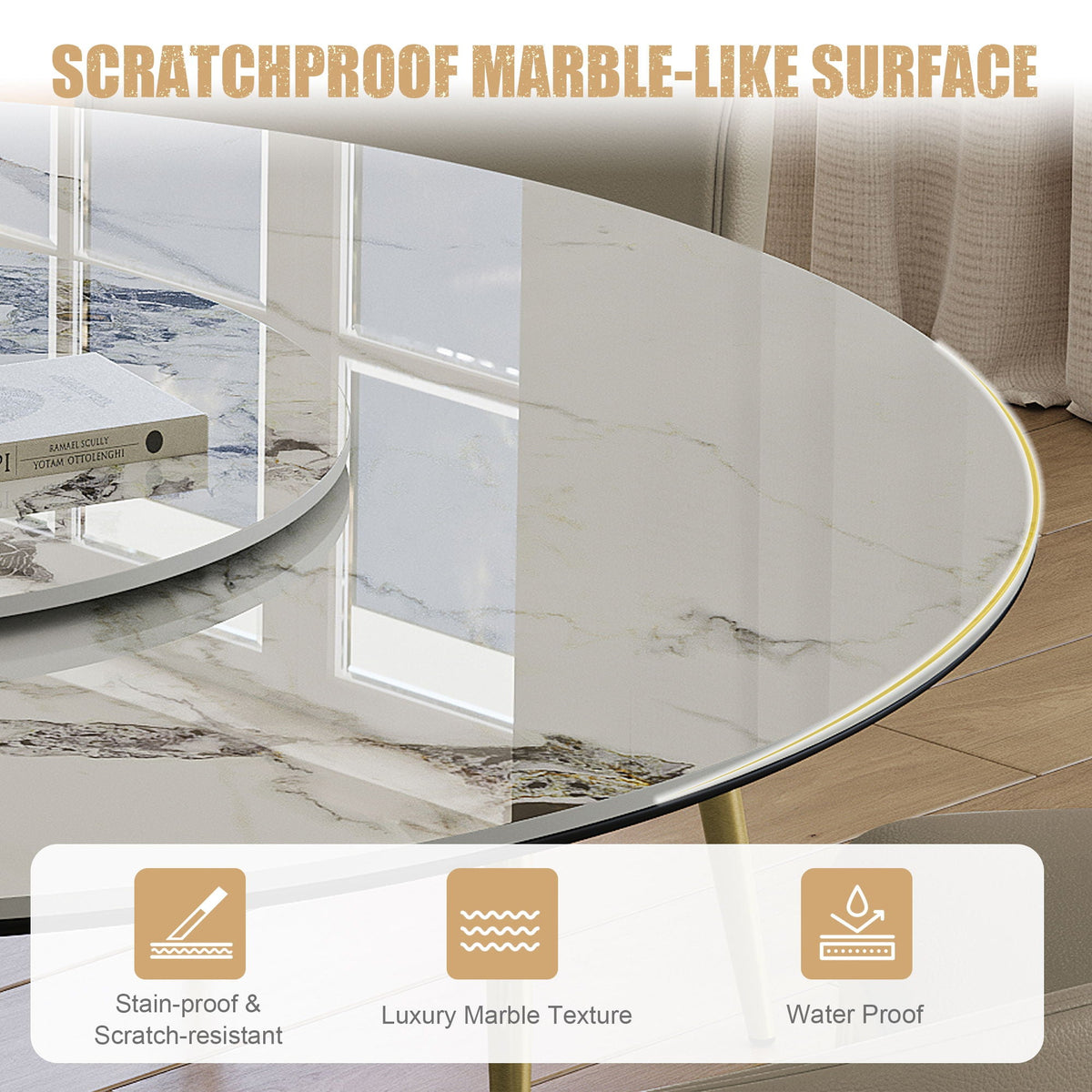 Luxury Round 59" Sintered Stone Dining Table with 360° Rotating Lazy Susan - Golden / White, photo 2 of 13