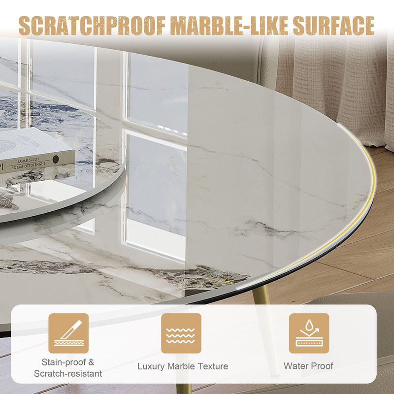 Luxury Round 59" Sintered Stone Dining Table with 360° Rotating Lazy Susan - Golden / White, photo 2 of 13