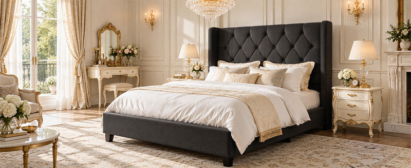 Modern Queen Size Platform Bed Frame with Tufted Velvet Headboard, photo 6 of 10