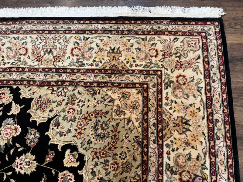 Sino Persian Rug 9x12, Black and Beige, Floral Medallion, Wool & Silk, Handmade by Jewel Rugs