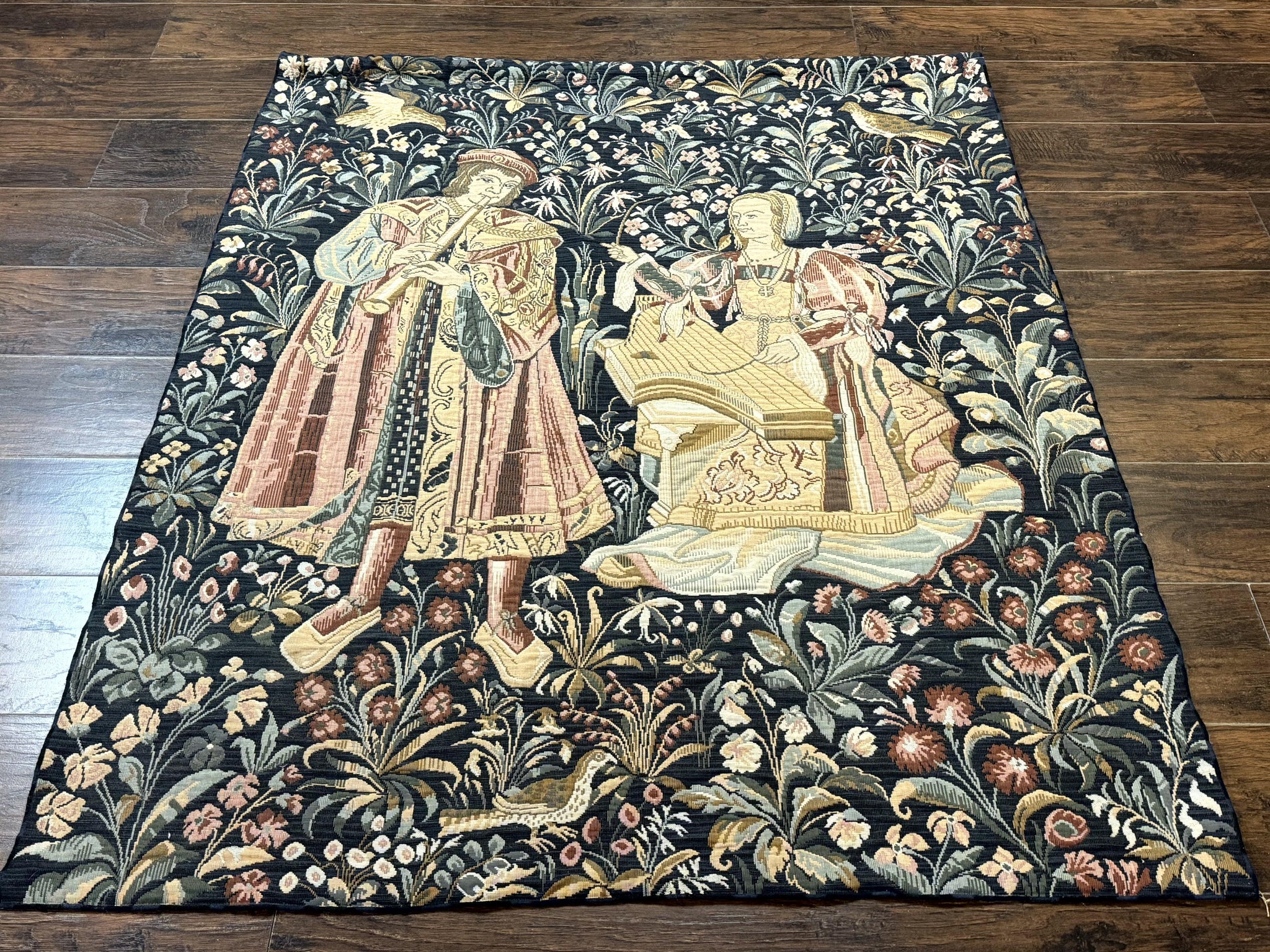 Vintage Belgium Tapestry 4x5, The Concet Musicians, Green by Jewel Rugs