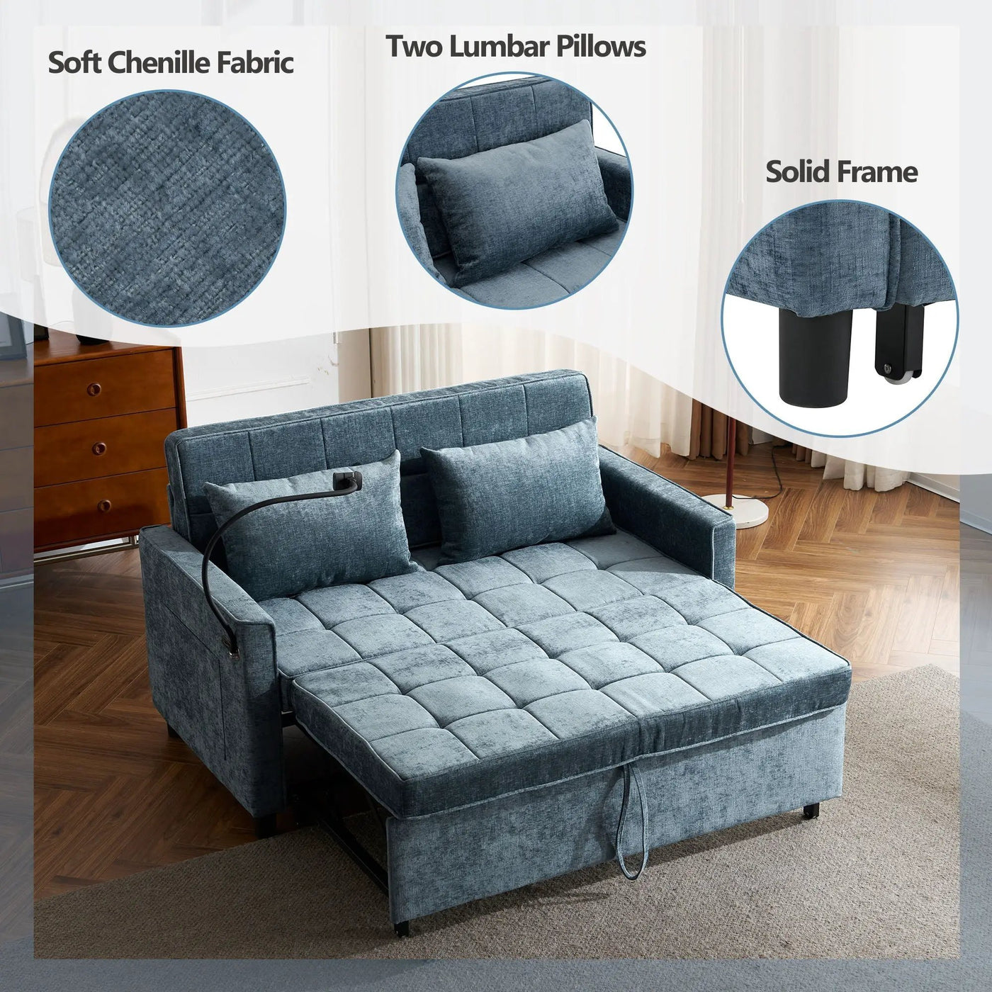 Pull-Out Sleeper Sofa With Reversible Backrest Cushion, Side Pockets, 2 USB Ports And A Phone Holder For Living Room by HouseOfZazla