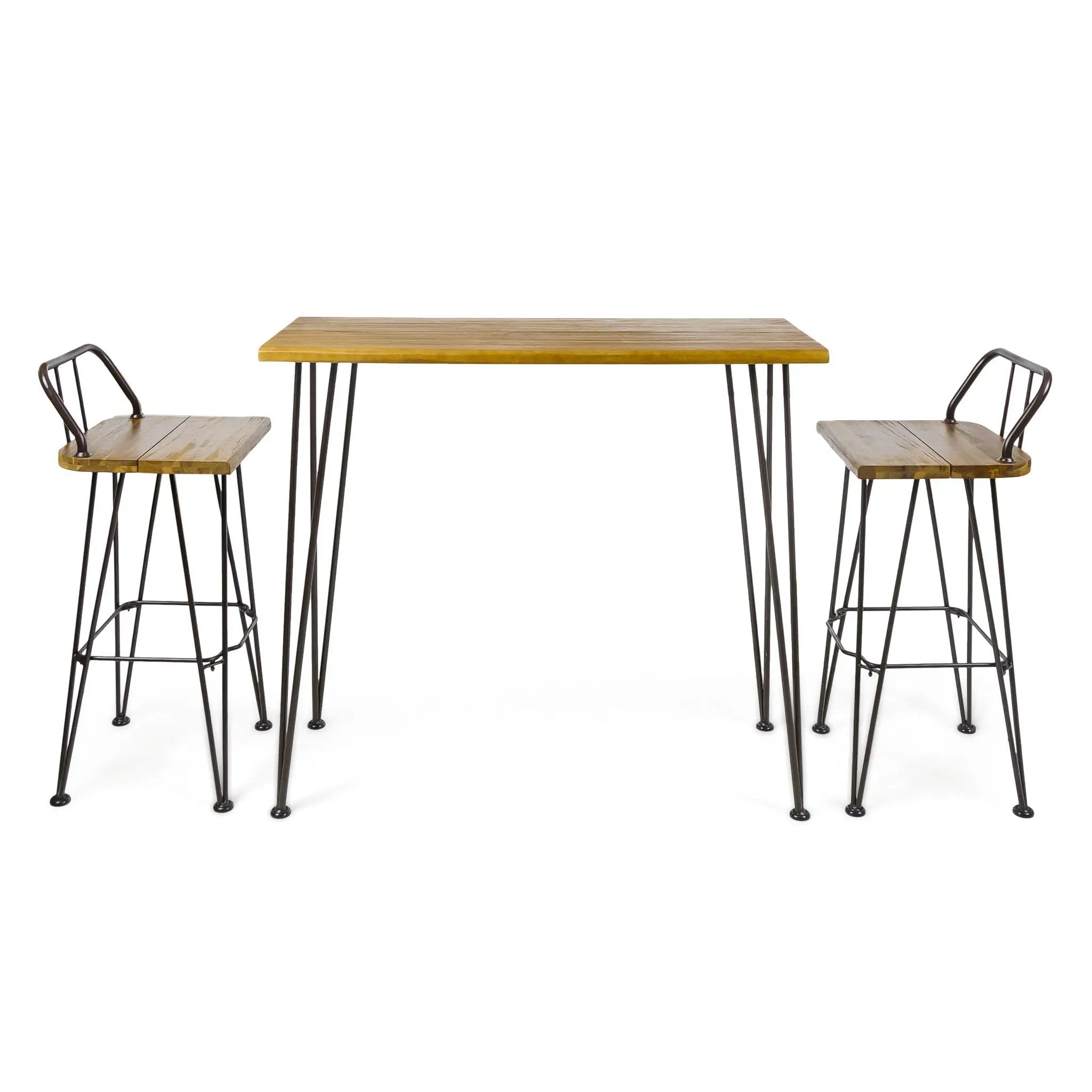 Dione Outdoor Industrial Acacia Wood Bar Set With Metal Frame And Slat Paneling - Brown by HouseOfZazla