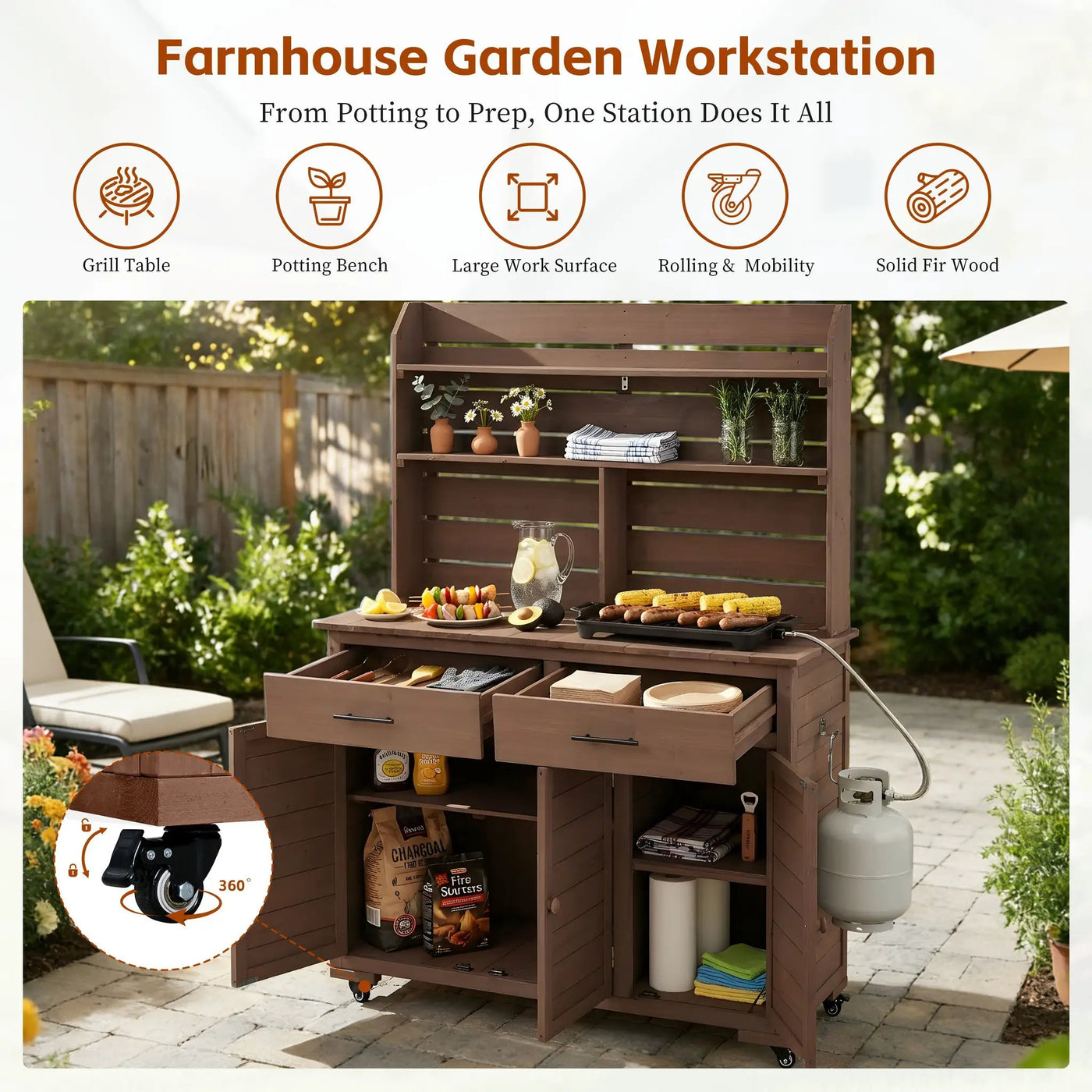 TOPMAX 65"H Large Garden Potting Bench with Storage and Lockable Wheels by HouseOfZazla