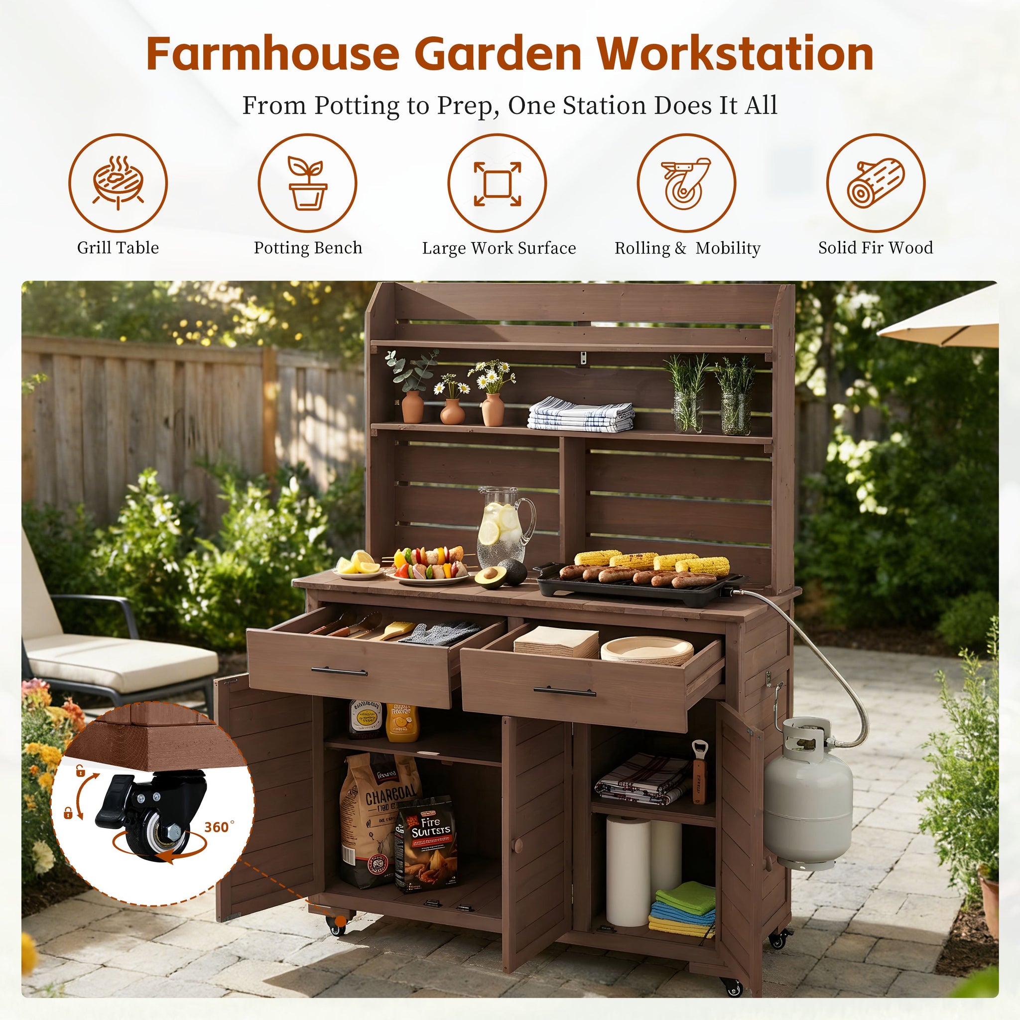 TOPMAX 65"H Large Garden Potting Bench with Storage and Lockable Wheels by HouseOfZazla