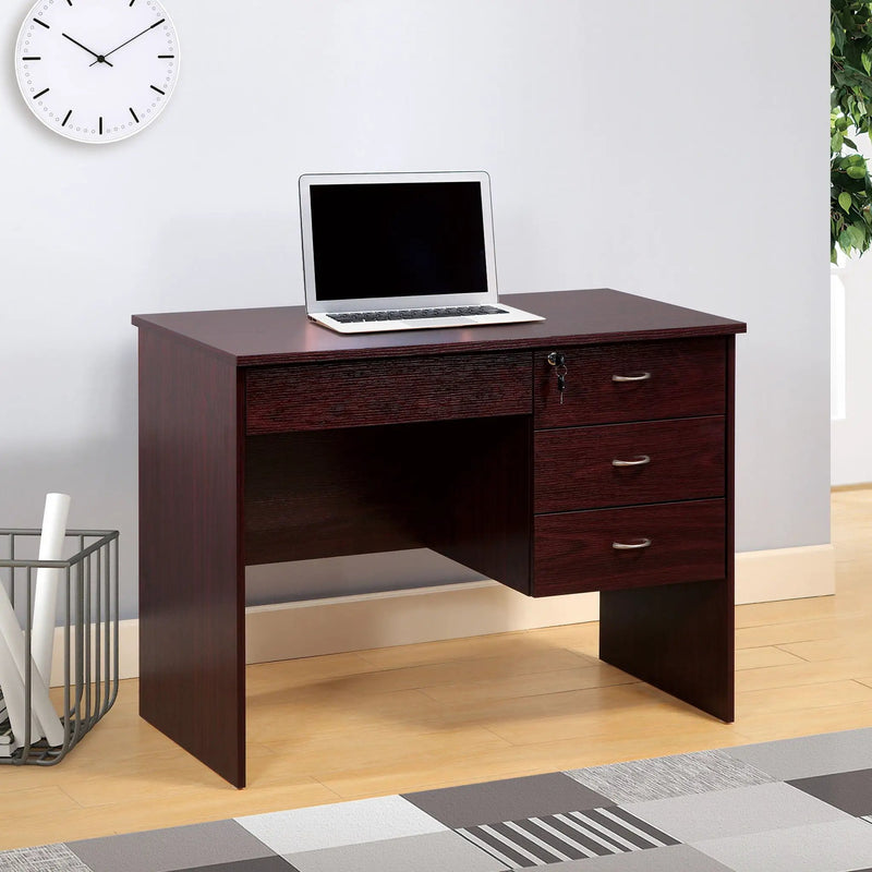 Three Locking Drawers On Metal Glides Student Desk Work Desk Modesty Panel Metal Bar Handles - Mahogany by Unique Piece Furniture