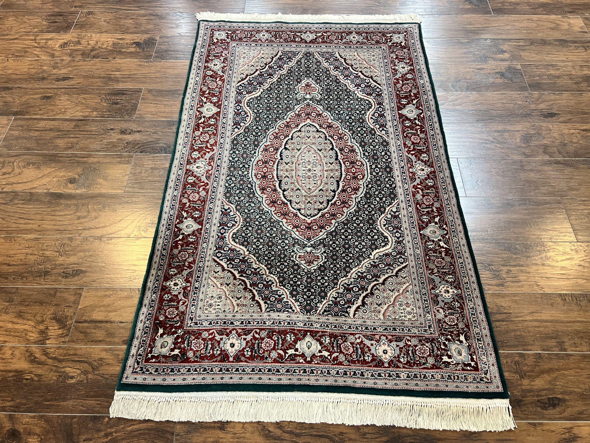 Sino Persian Rug 4x6, Wool with Silk Highlights, Fine Hand Knotted Carpet, Green & Maroon Red, Herati Medallion, Vintage Rug by Jewel Rugs