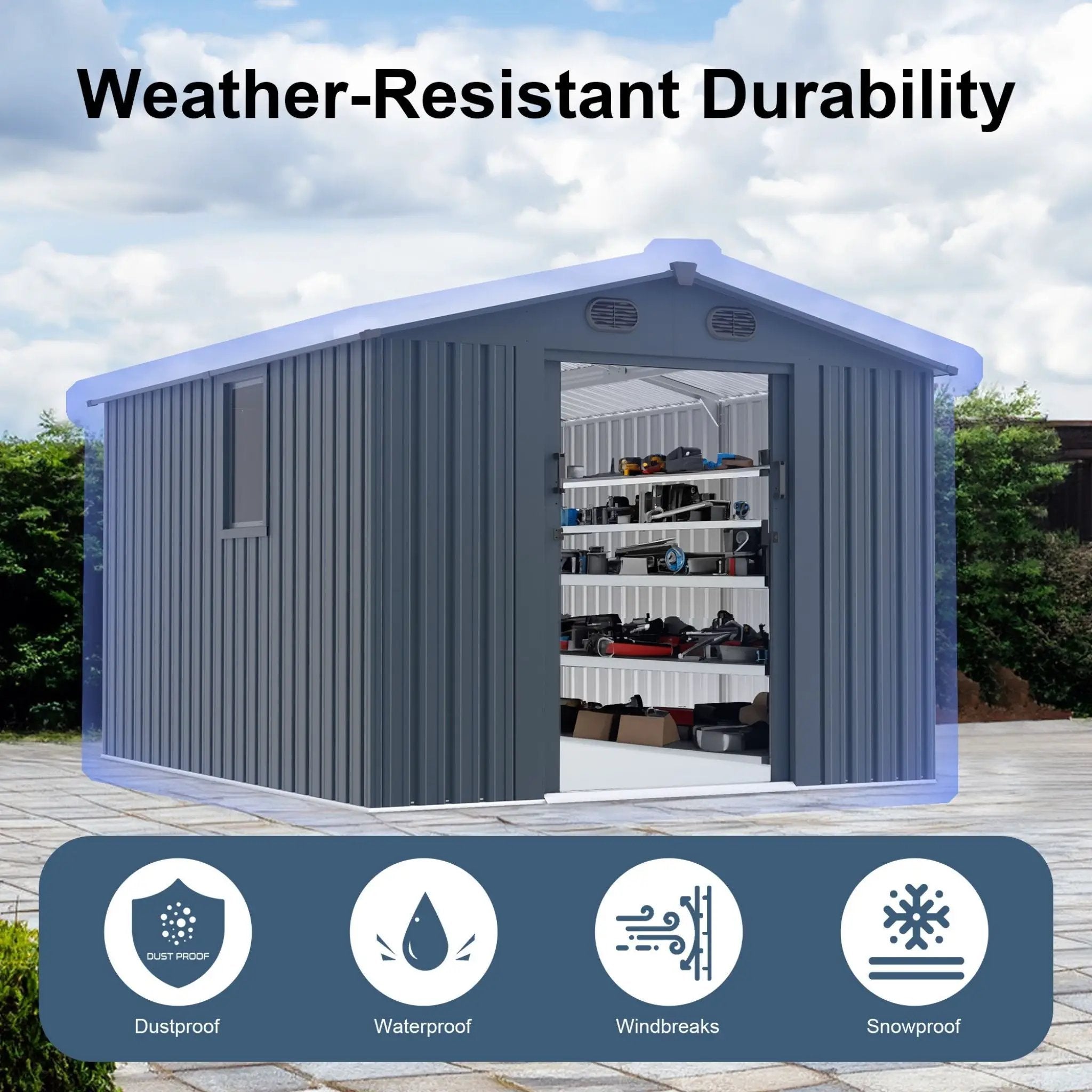 [08X10FT] Alora Large Outdoor Metal Backyard Garden Storage Tool Shed With Window And Lockable Doors (SAK68140) by SAKSBY WHOLESALE
