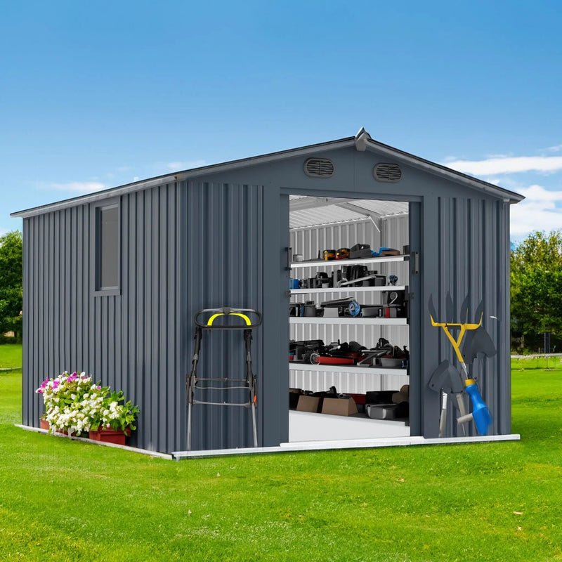 [08X10FT] Alora Large Outdoor Metal Backyard Garden Storage Tool Shed With Window And Lockable Doors (SAK68140) by SAKSBY WHOLESALE