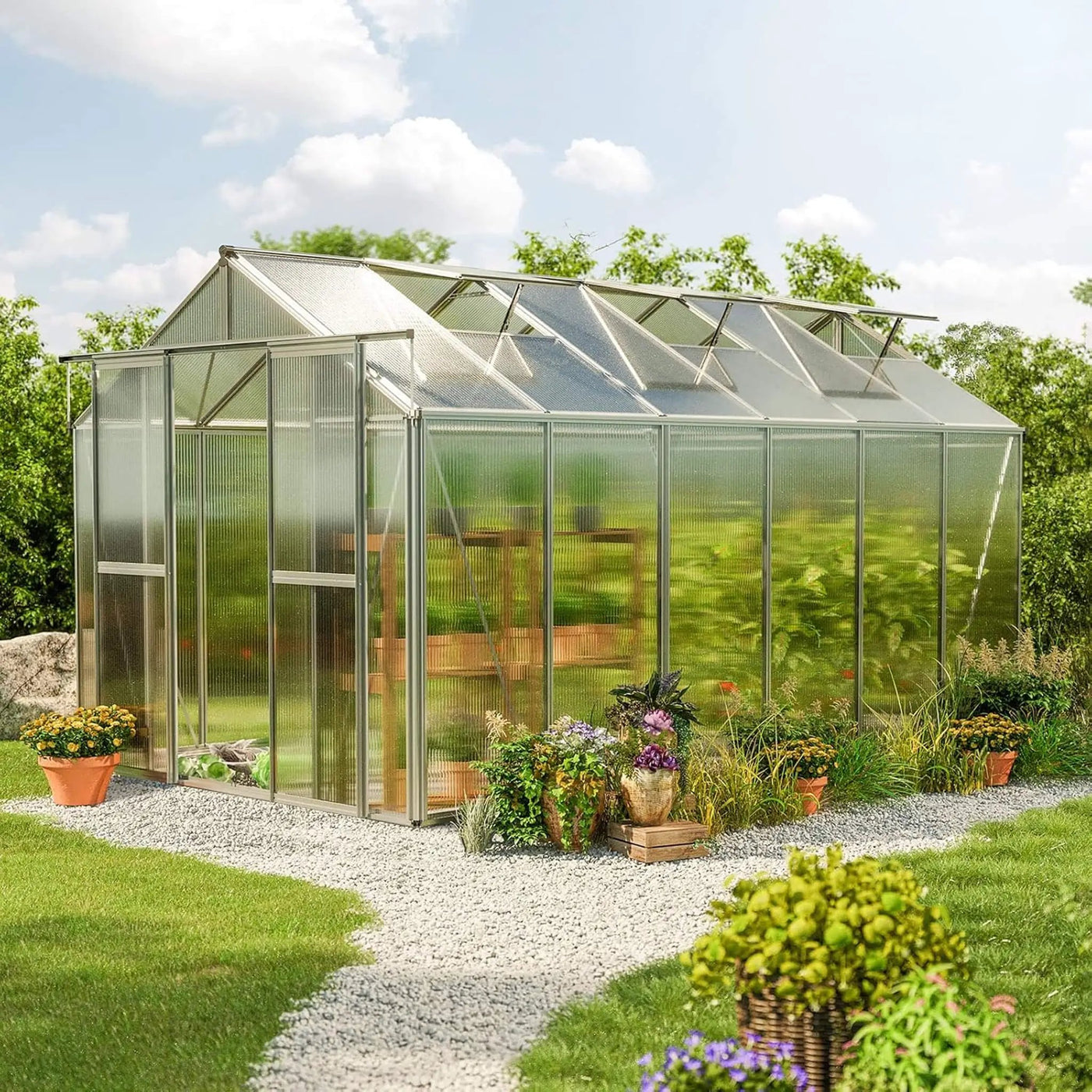 [08X12FT] Heavy-Duty Polycarbonate Outdoor Greenhouse With Aluminum Frame And Sliding Doors (SAK90426) by SAKSBY WHOLESALE