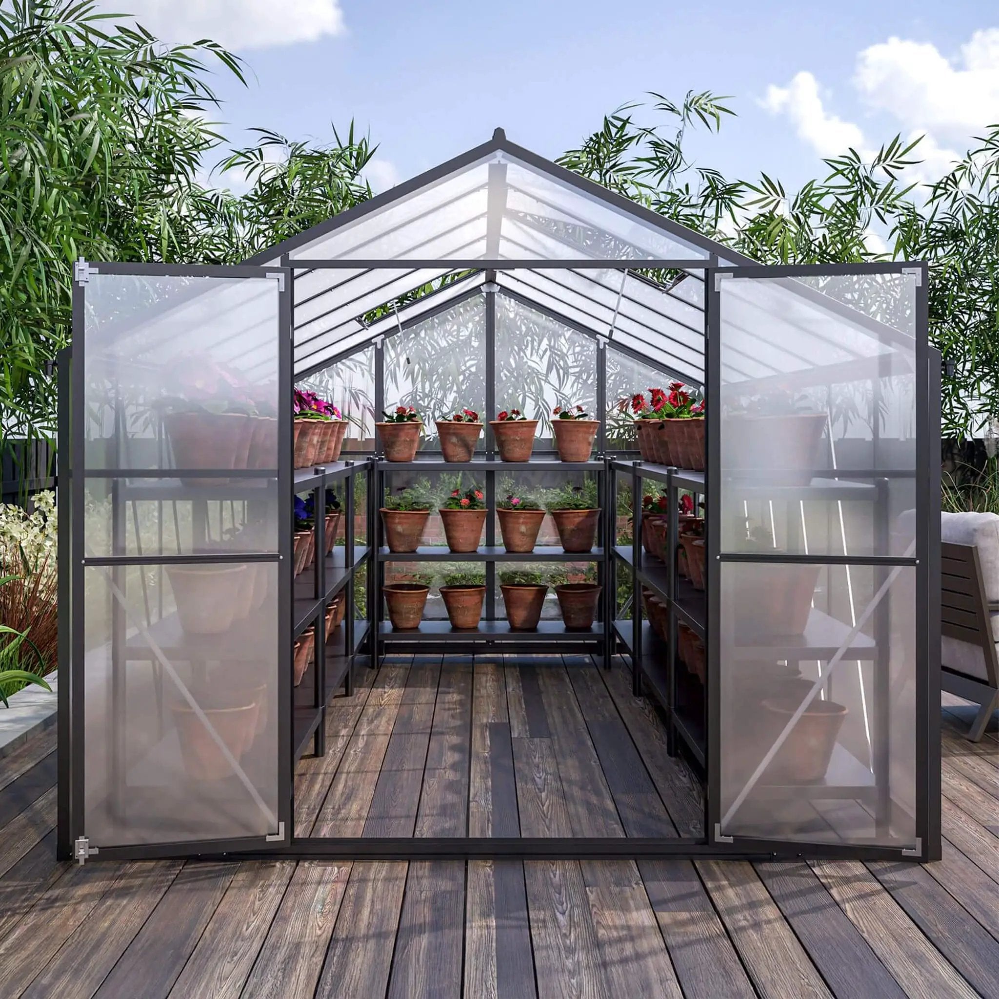 [08X12FT] Large Outdoor Heavy-Duty Polycarbonate Walk-In Greenhouse With Double Swing Doors And Two Ventilation Windows (SAK73651) by SAKSBY WHOLESALE
